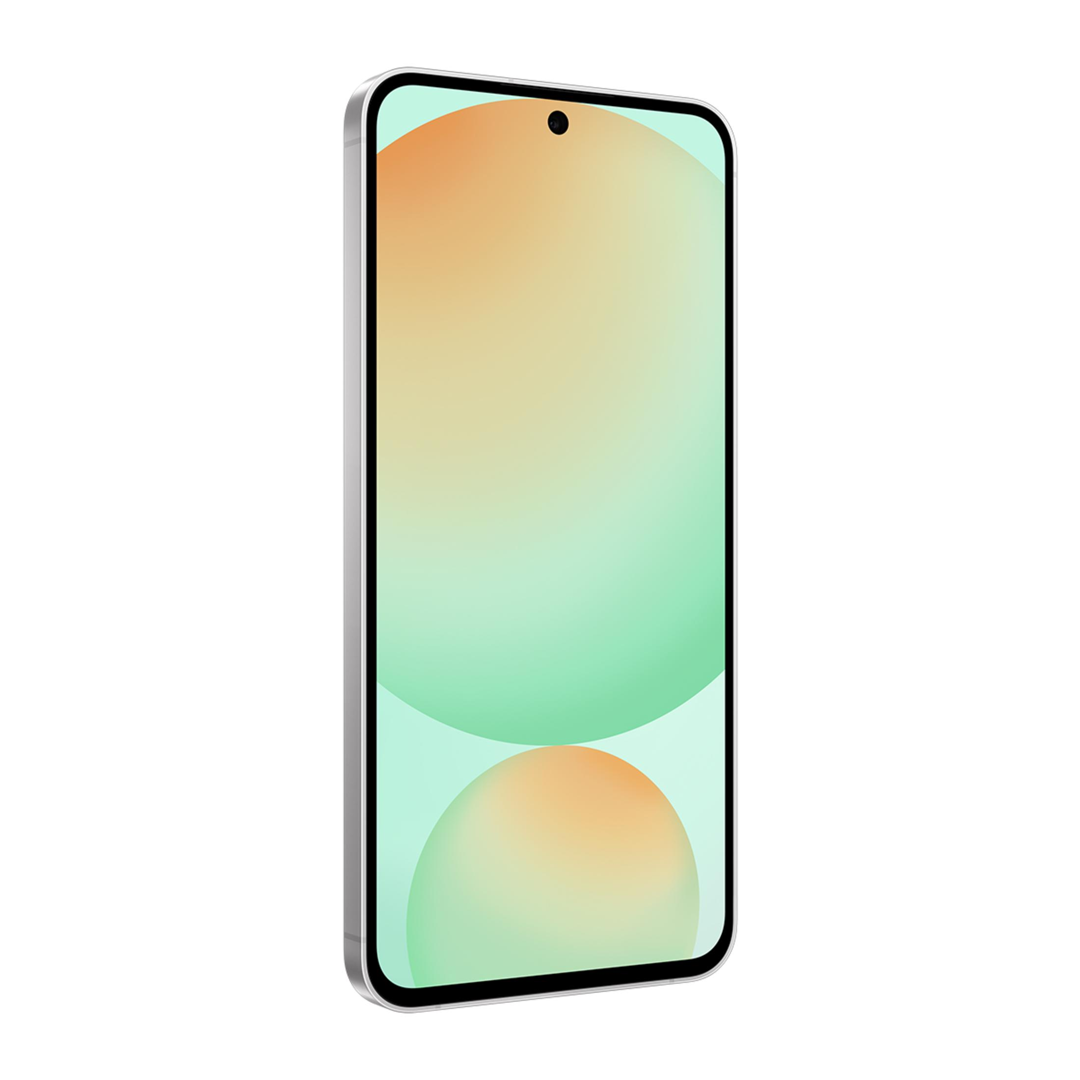 Turuncu ve yeşil gradyan arka plana sahip şık gümüş çerçeveli akıllı telefon.