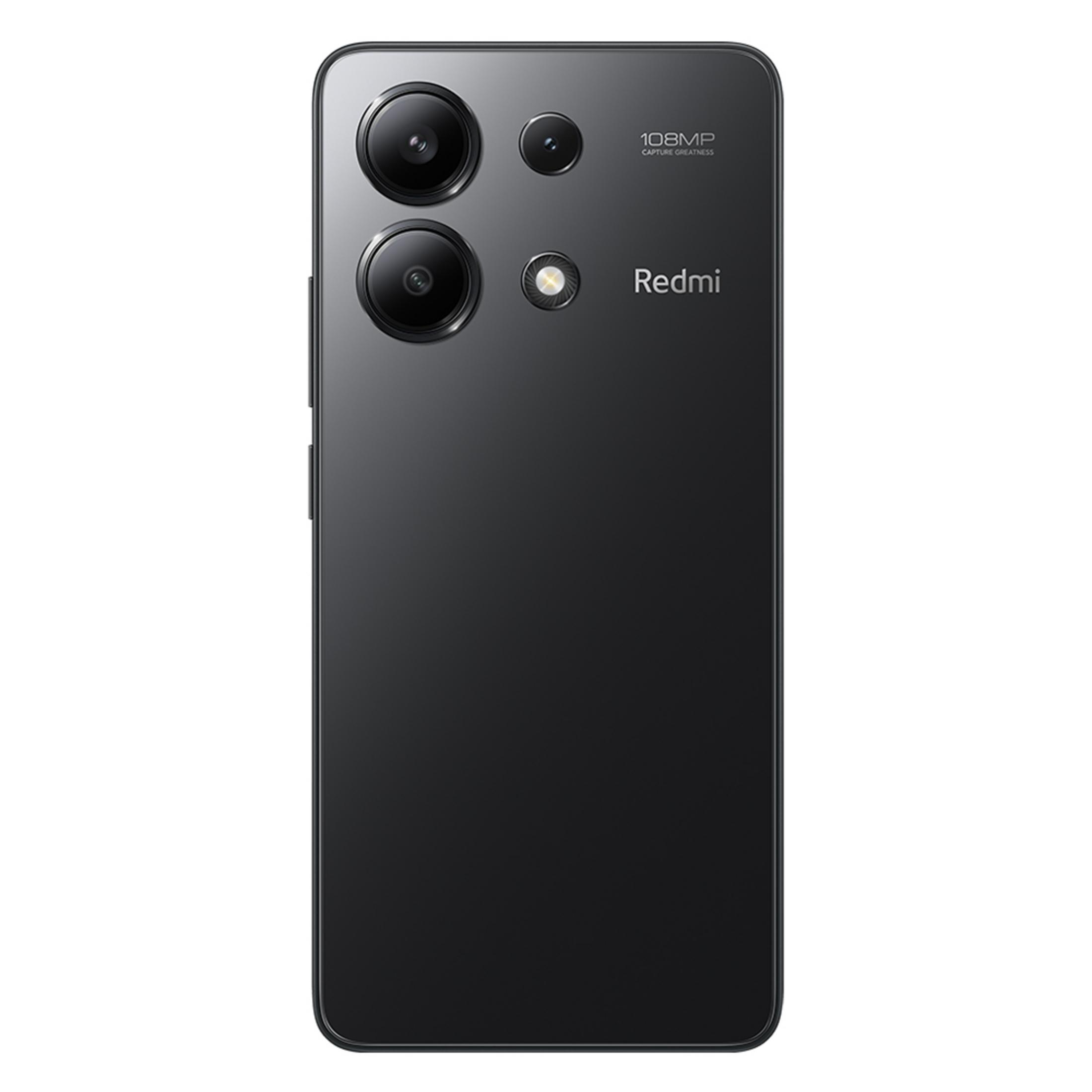 Üçlü kamera, 108MP ve Redmi logosuna sahip siyah akıllı telefon.