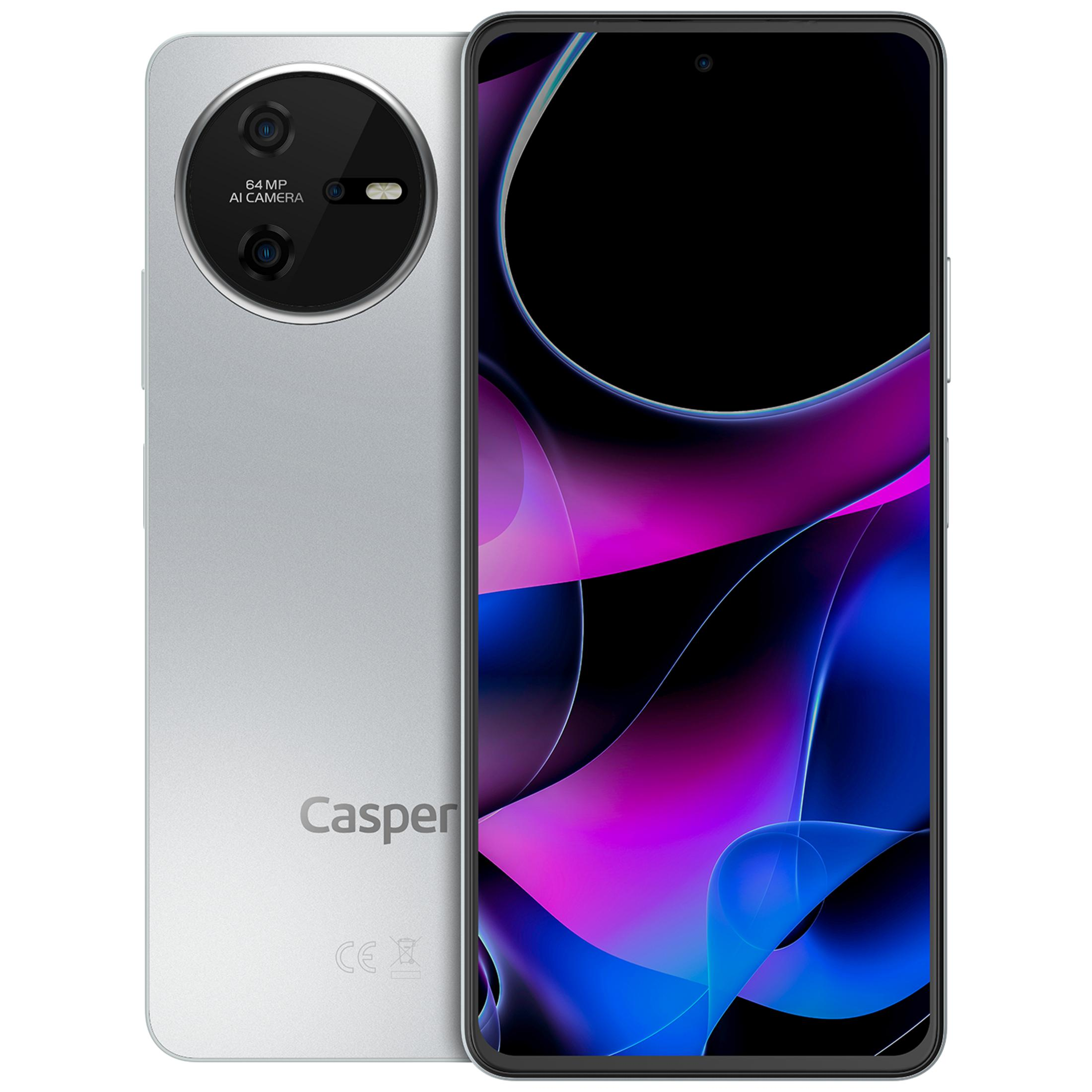 64 MP kameralı gümüş akıllı telefon ve renkli ekran.
