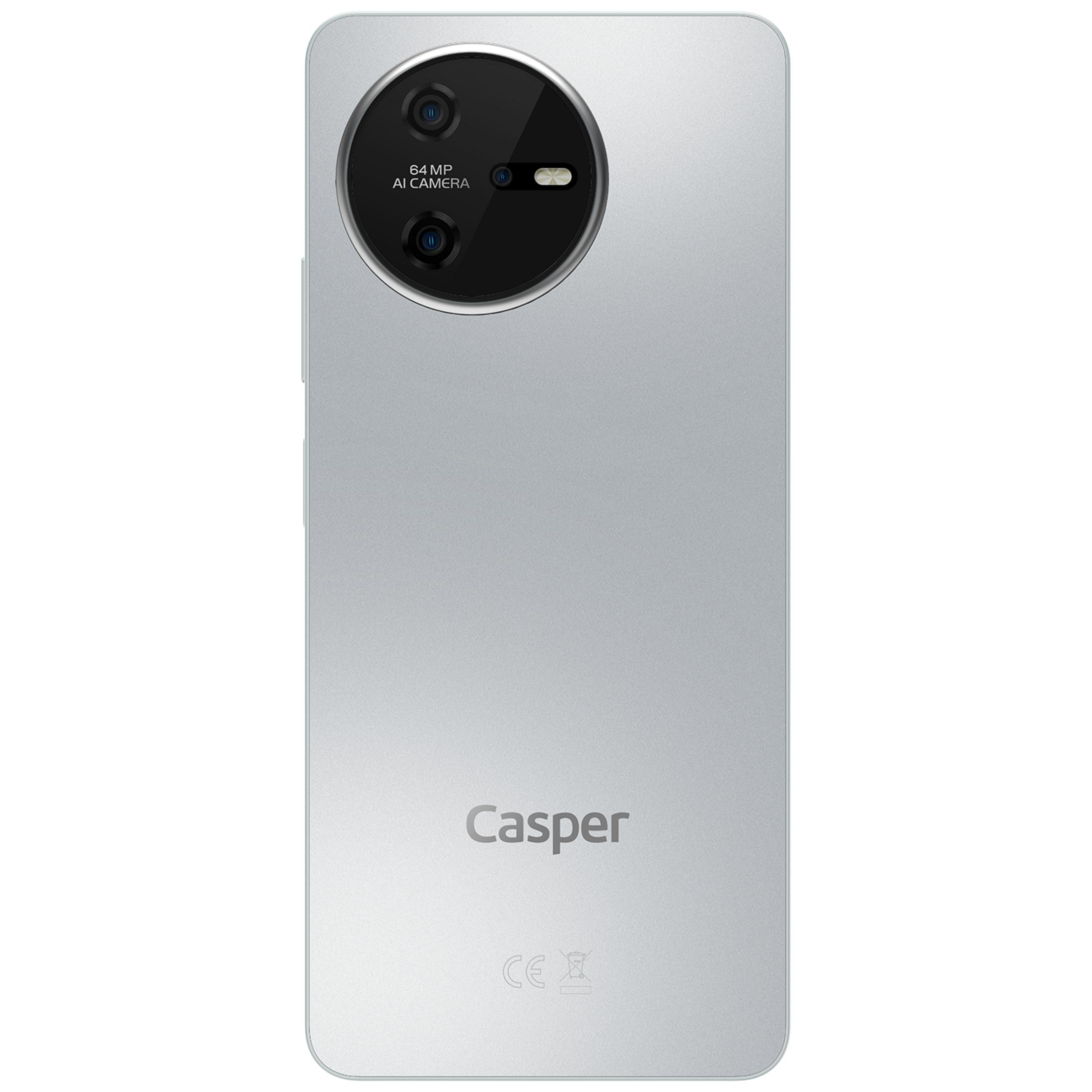 Kameralı ve Casper logolu gümüş akıllı telefonun arkası.