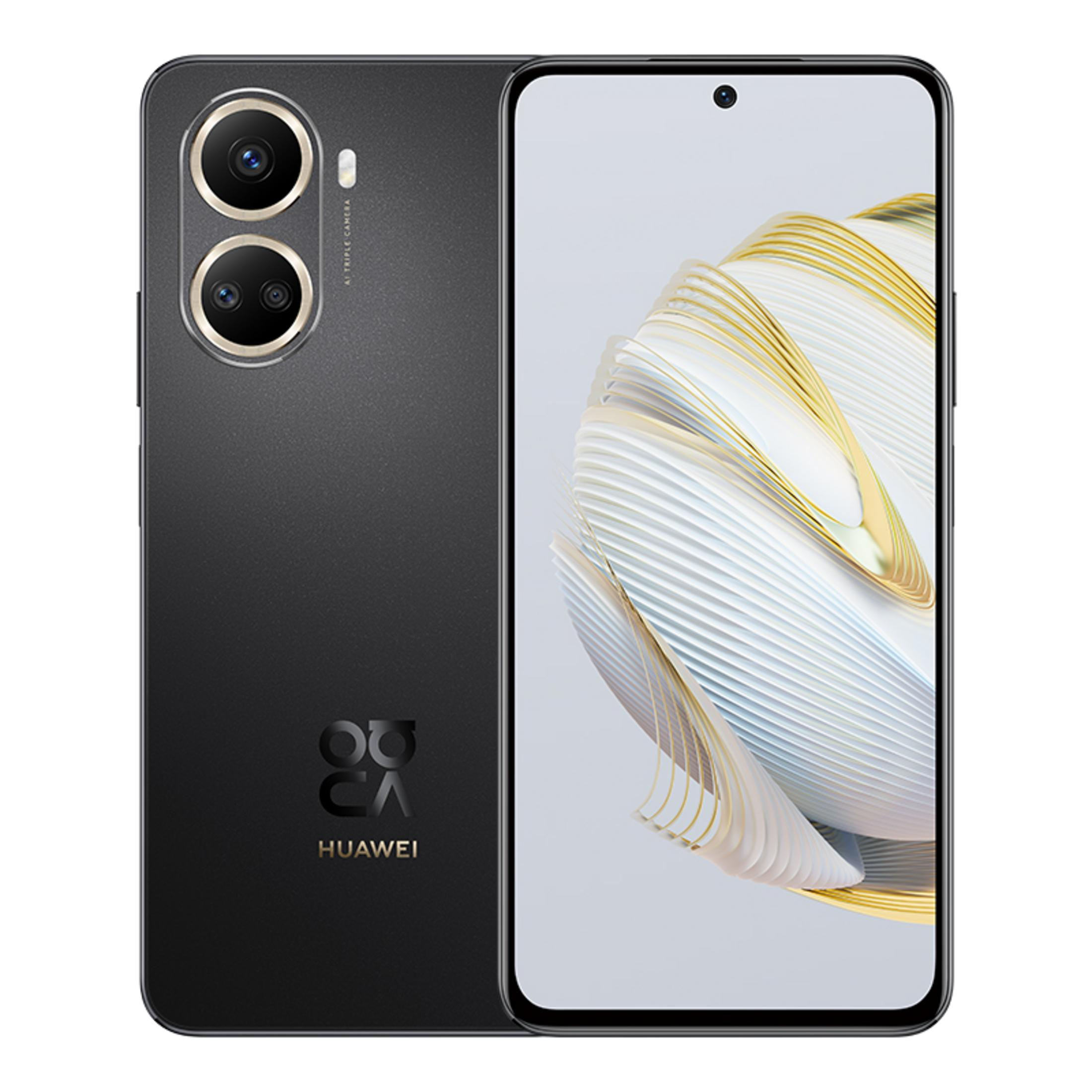 Ein schwarzes Huawei-Smartphone mit dreifacher Kamera und einem abstrakten Muster auf dem Bildschirm.