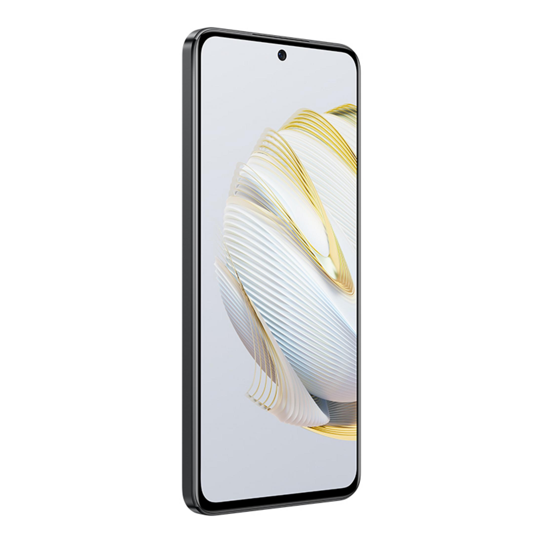 Ein schwarzes Smartphone mit einem abstrakten, wellenförmigen Hintergrund auf dem Bildschirm.