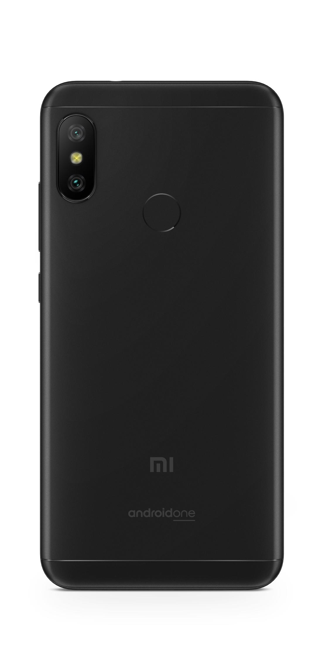 Schwarzes Smartphone mit doppelter Kamera, Fingerabdrucksensor und Android One Logo.