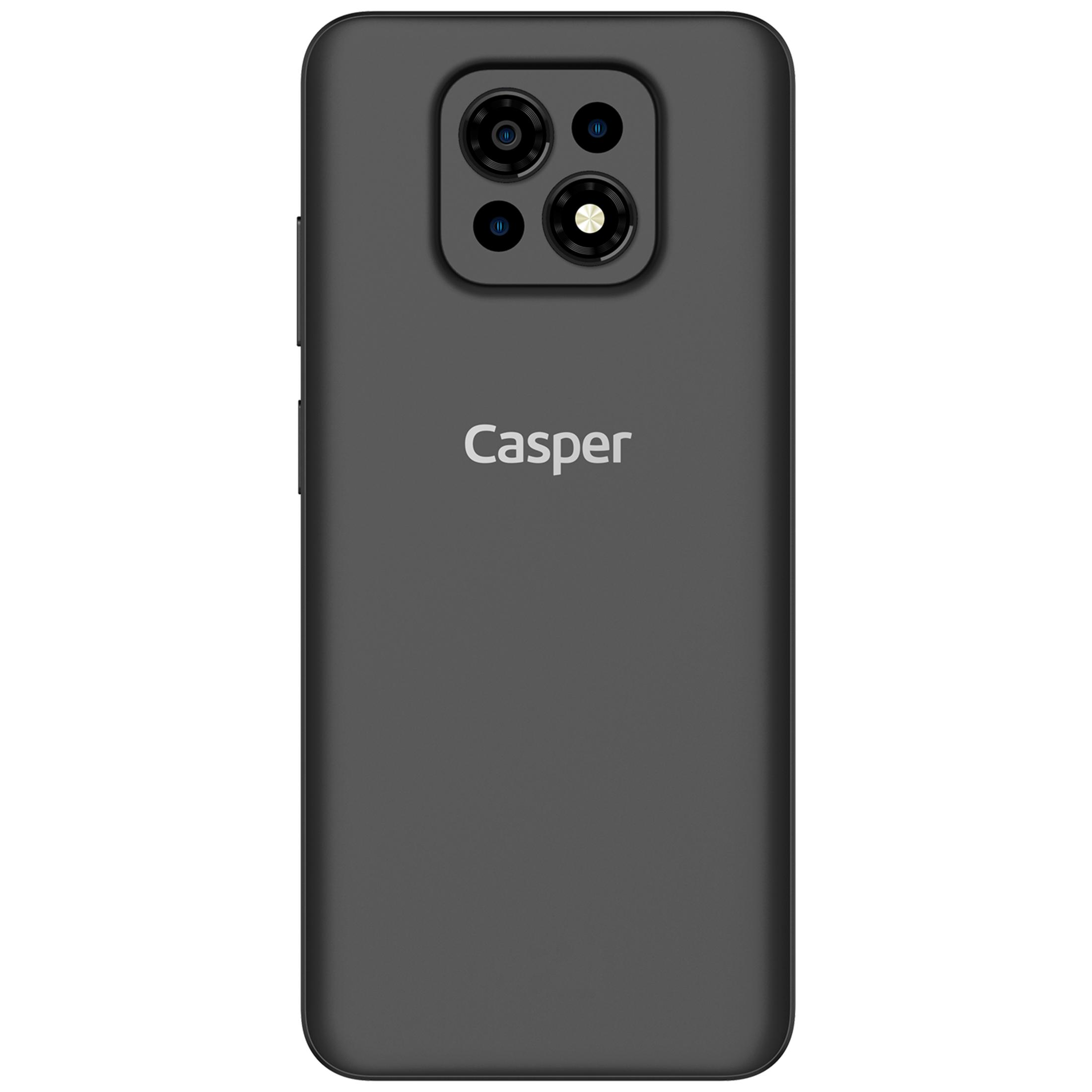 Casper logolu, dörtlü kameraya sahip koyu gri telefon.