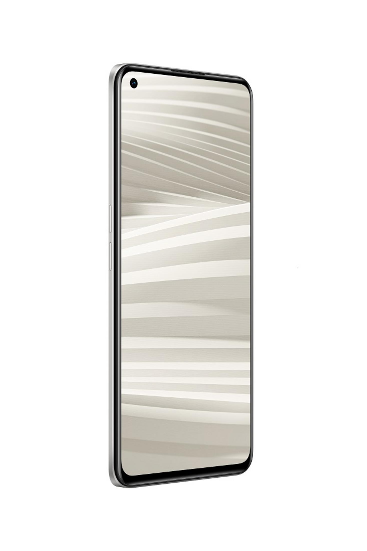 Un smartphone gris claro con un patrón en la pantalla.