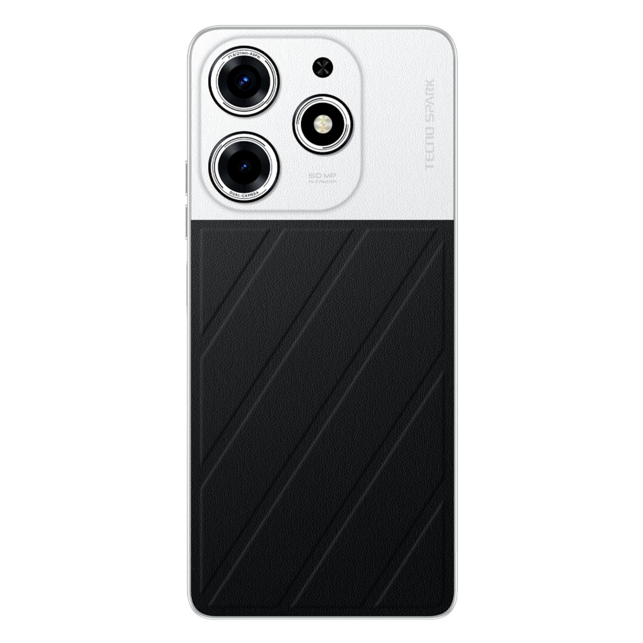 Üç kameralı beyaz akıllı telefon, TECNO SPARK logosu bulunur.