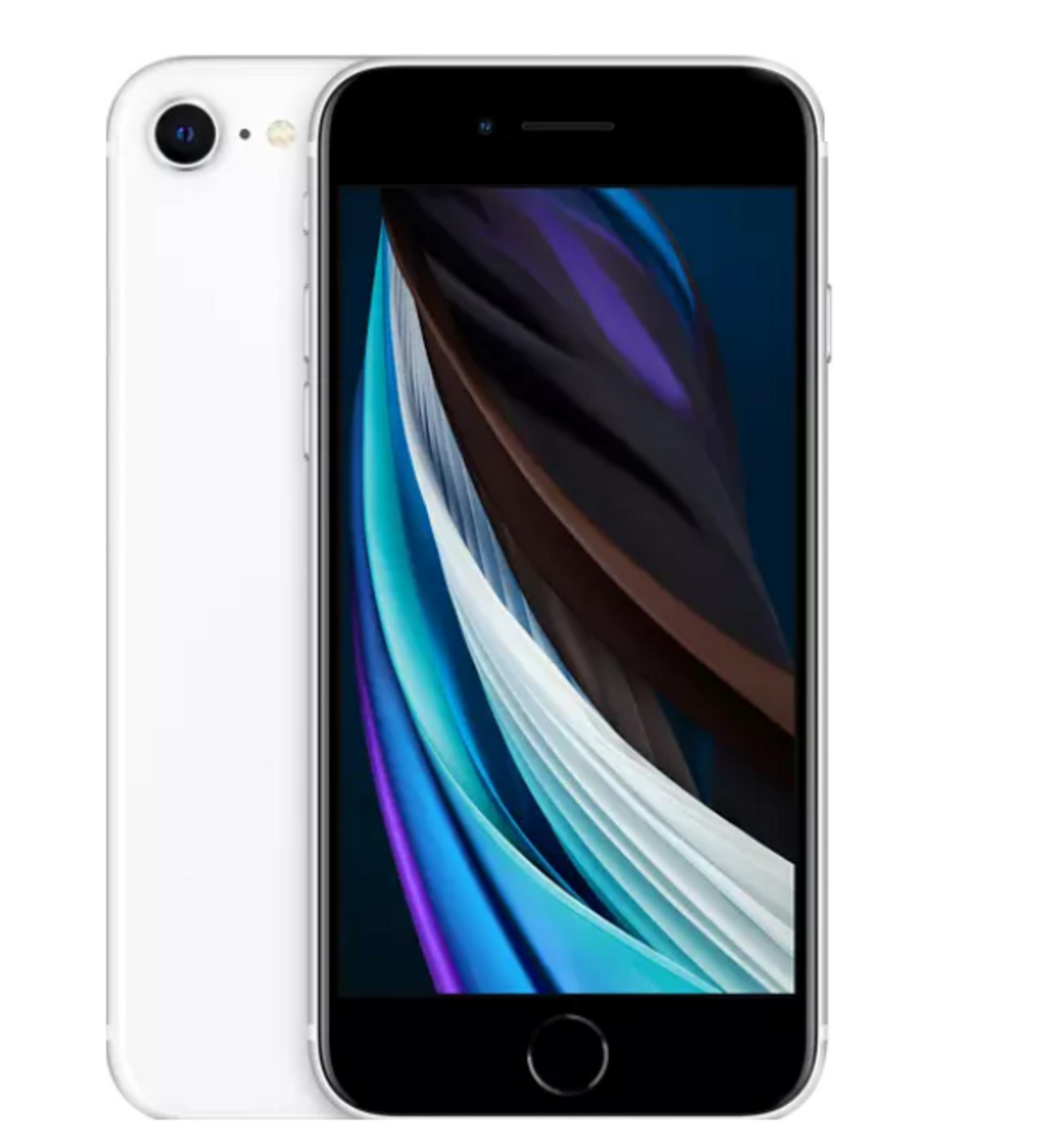 Biały smartfon z czarnym ekranem wyświetlającym kolorowe tło.