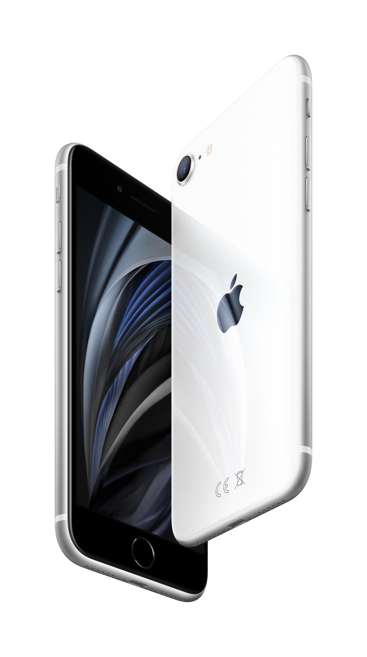 Biały iPhone SE leży pod kątem na białym tle. Ekran jest czarny.
