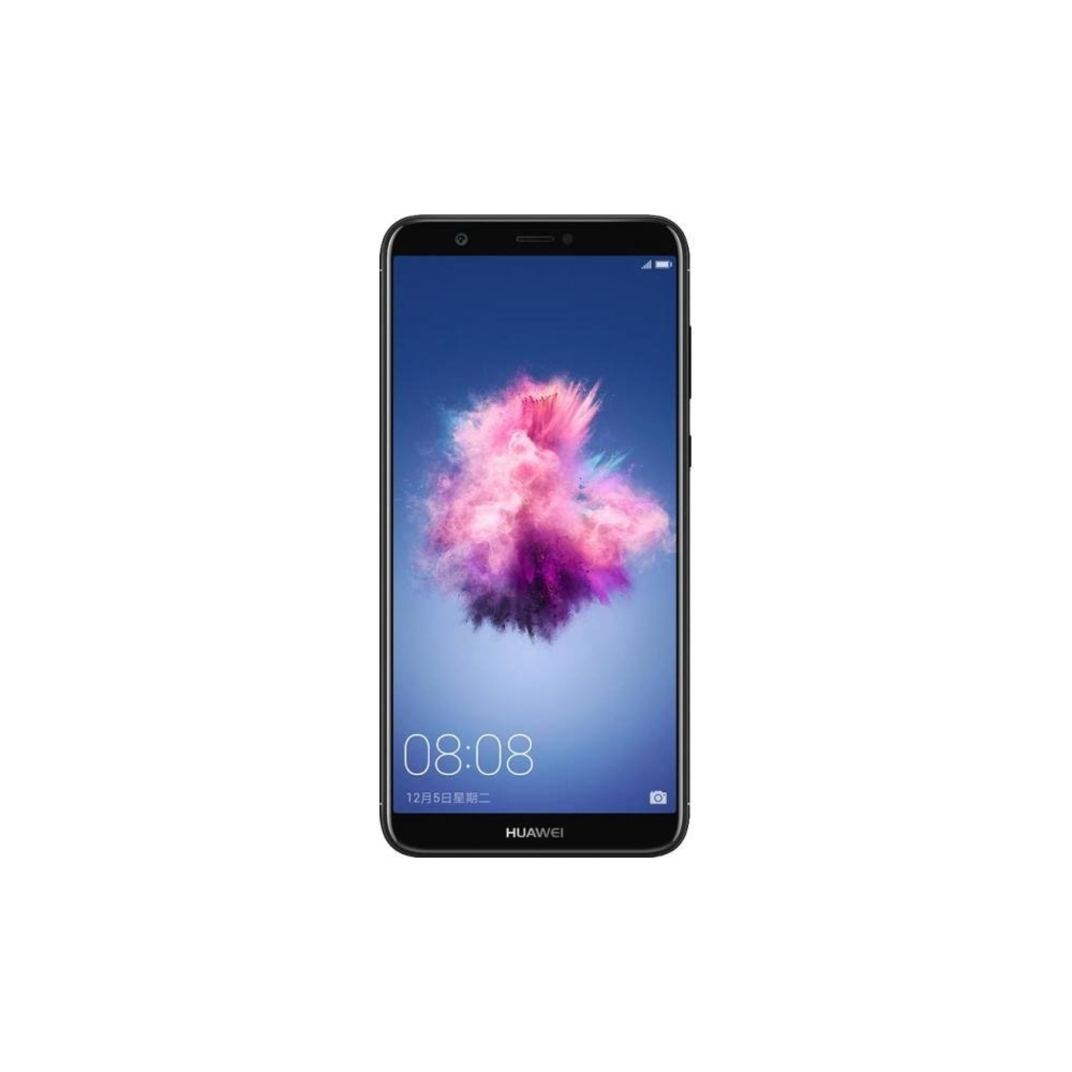 Ein schwarzes Huawei-Smartphone mit einem bunten Hintergrundbild.