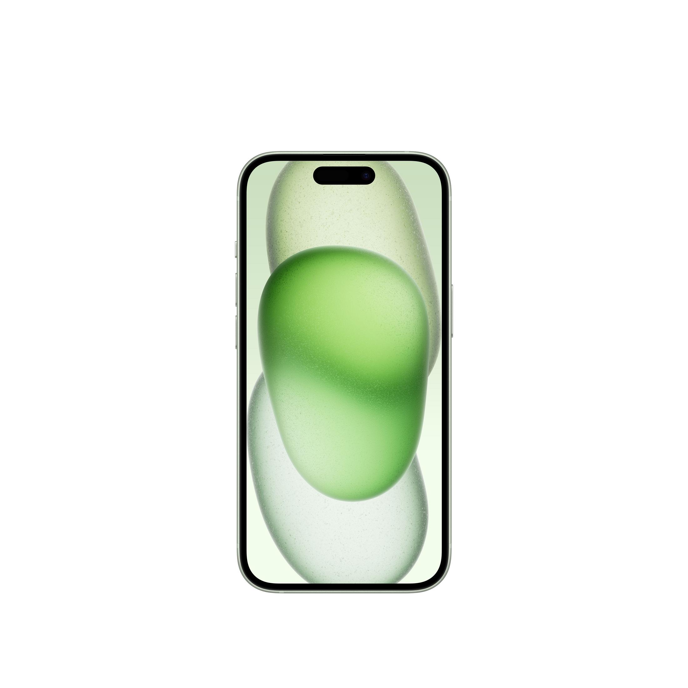 Srebrny smartfon z zielonym tłem i abstrakcyjnymi kształtami.