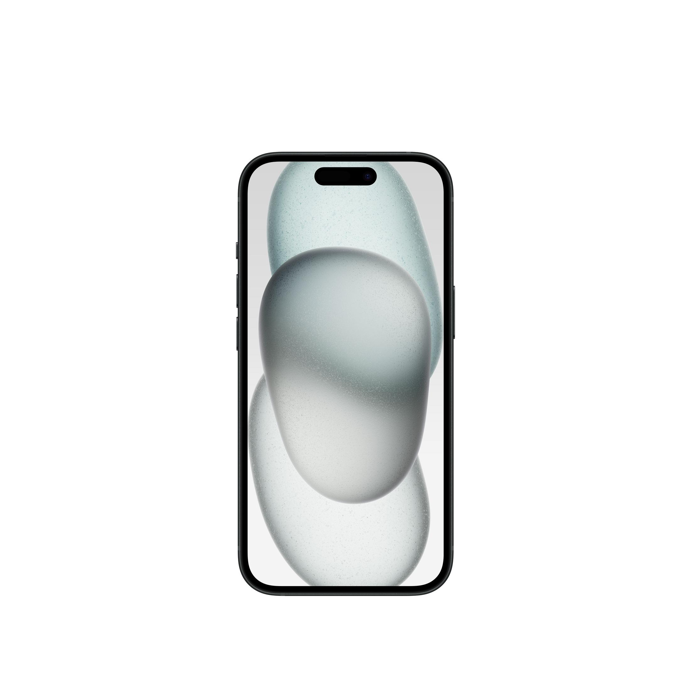 Czarny smartfon wyświetla niebieskie, abstrakcyjne tło.