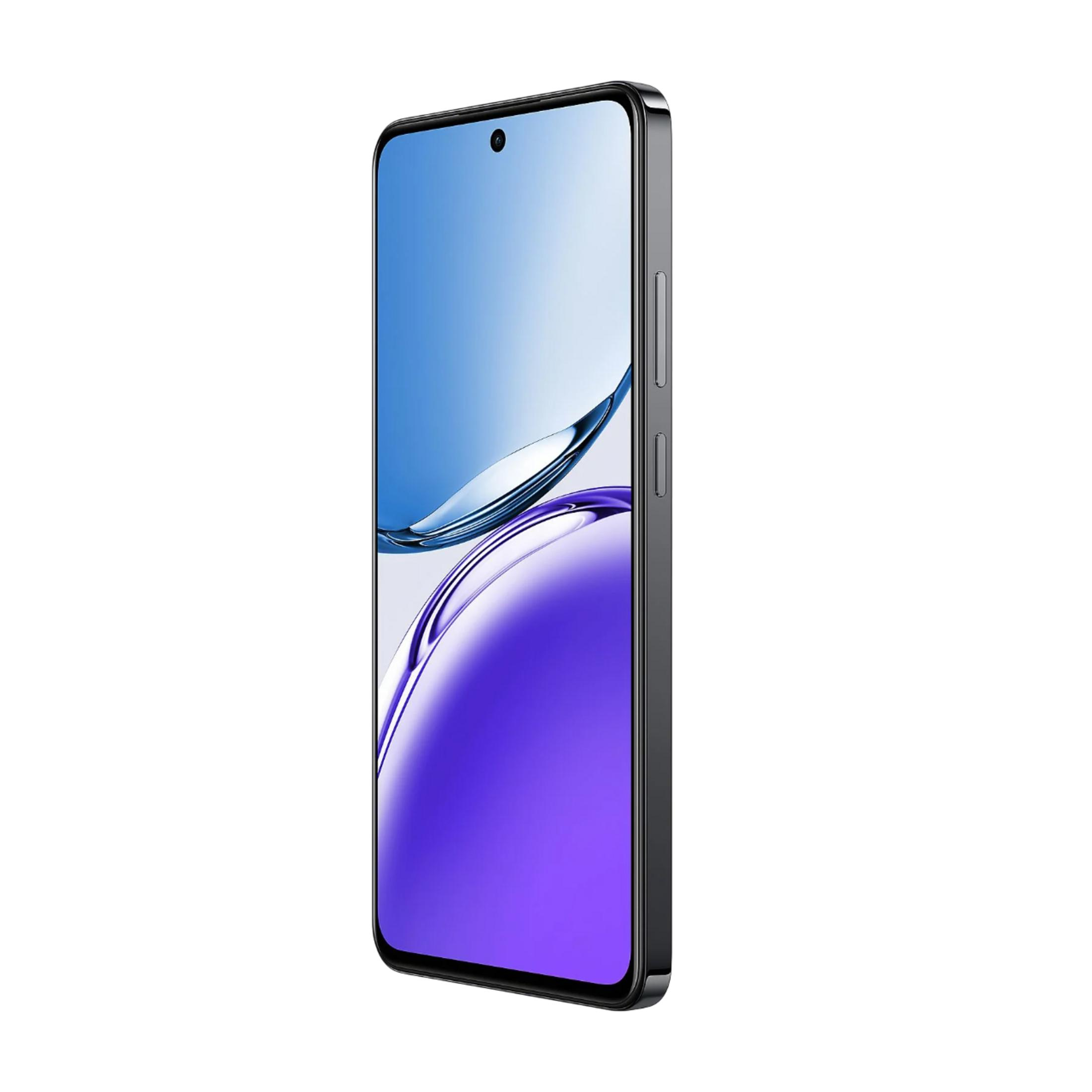 Siyah çerçeveli, mavi ve mor gradyanlar gösteren şık bir akıllı telefon.