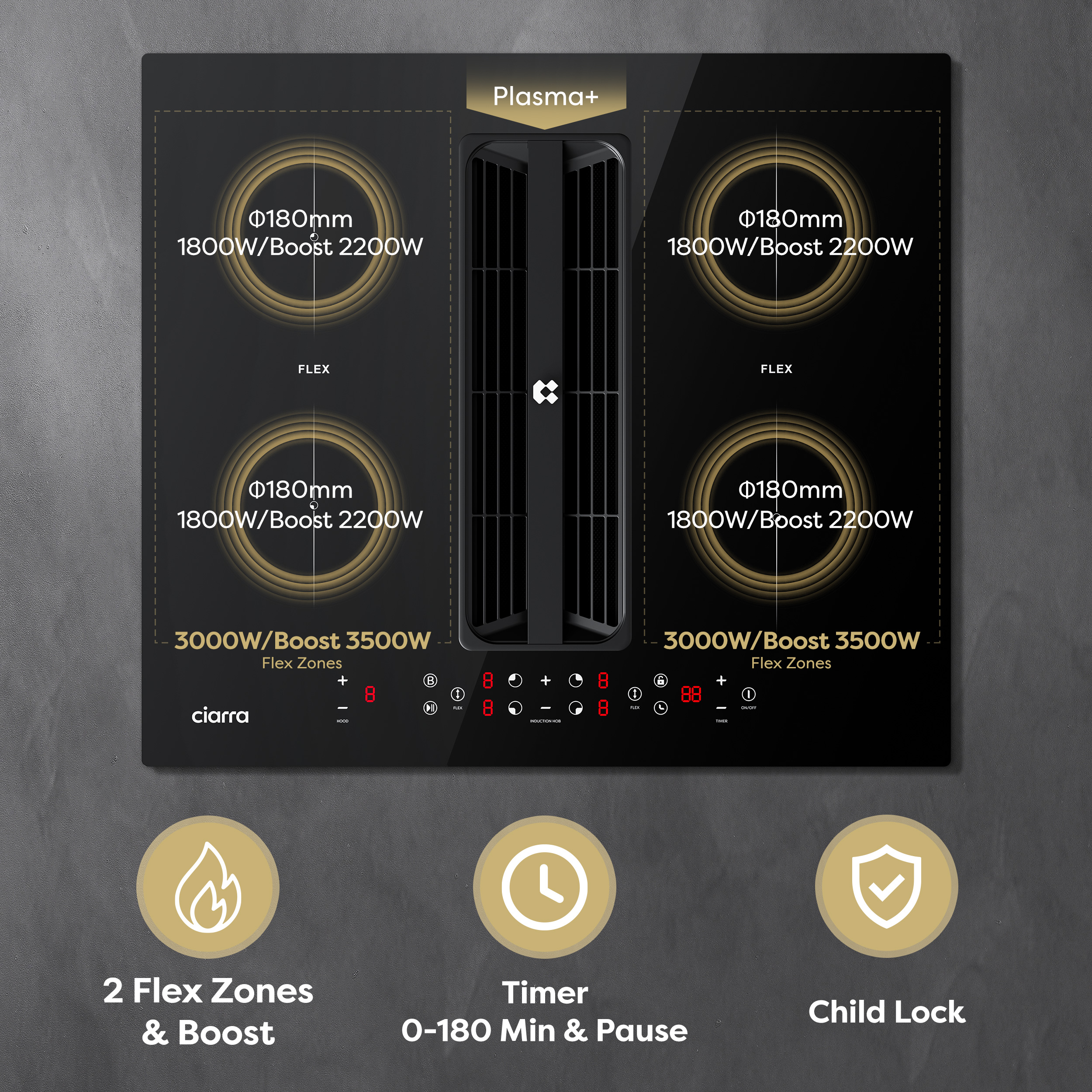 Placa de inducción negra con cuatro zonas de cocción, conducto de ventilación y panel de control.