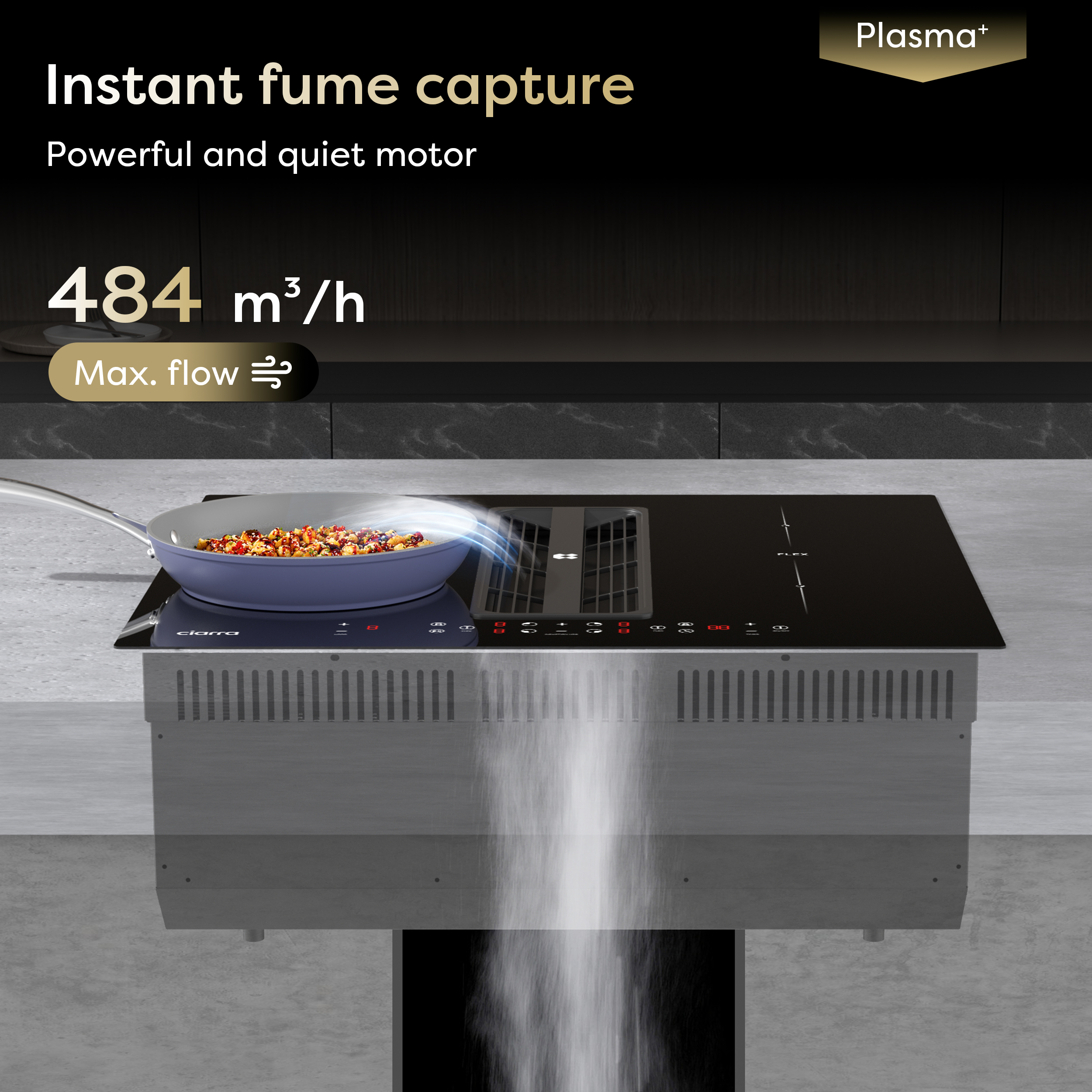 Una placa de cocina con campana extractora capturando humo. Se ve el texto "Instant fume capture".