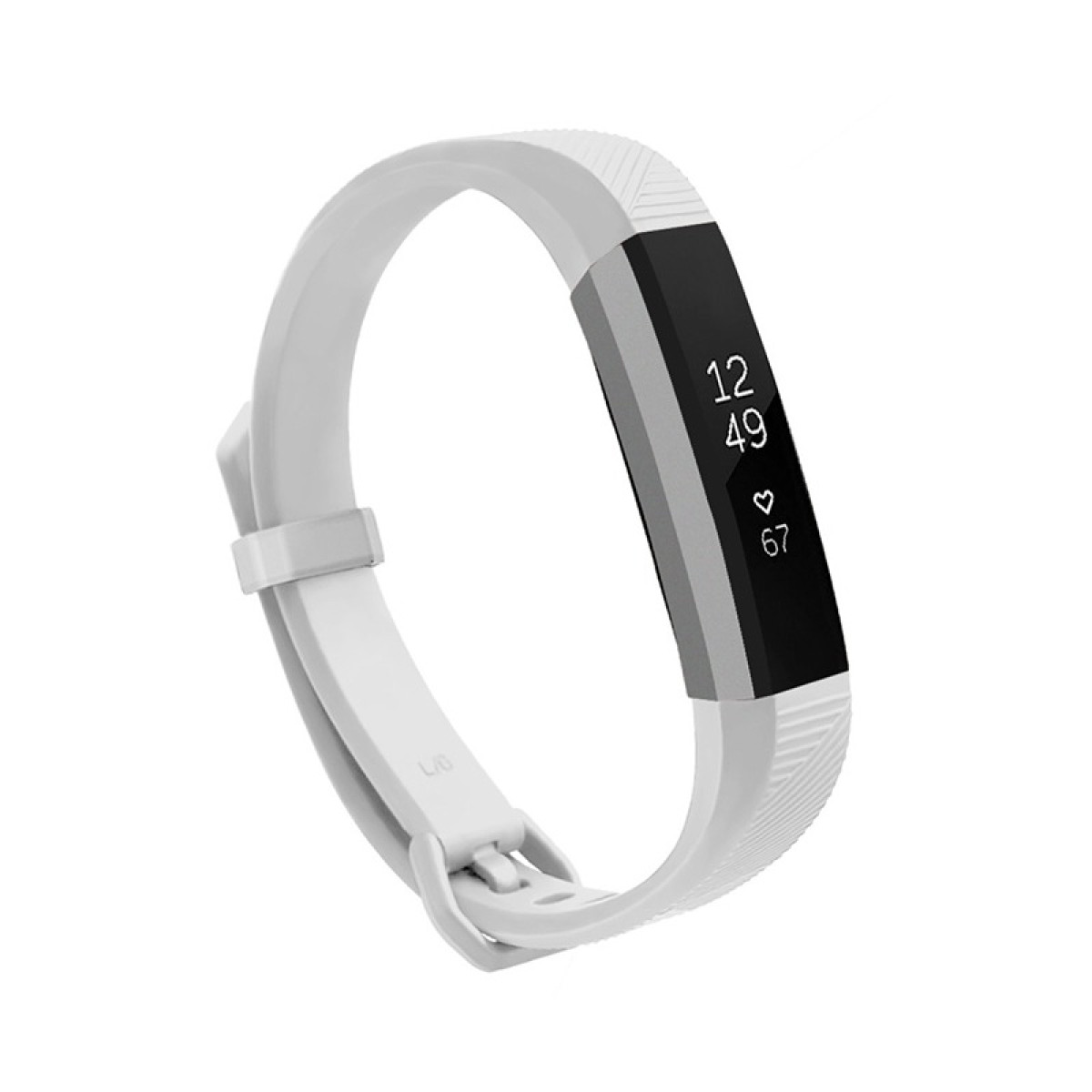 Un fitness band bianco con schermo nero mostra 12:49 e 67 battiti cardiaci.