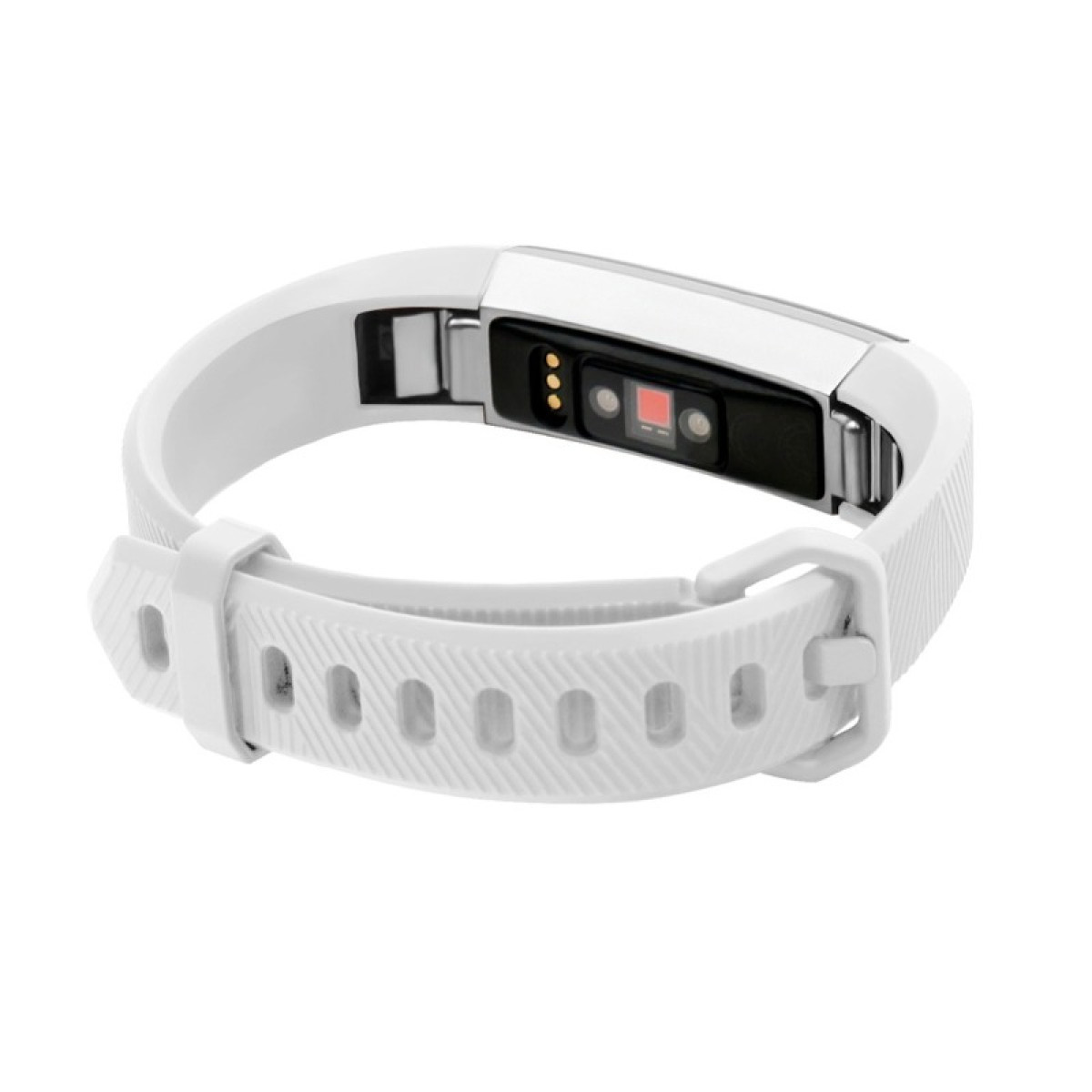 Un fitness band bianco con sensore di frequenza cardiaca.