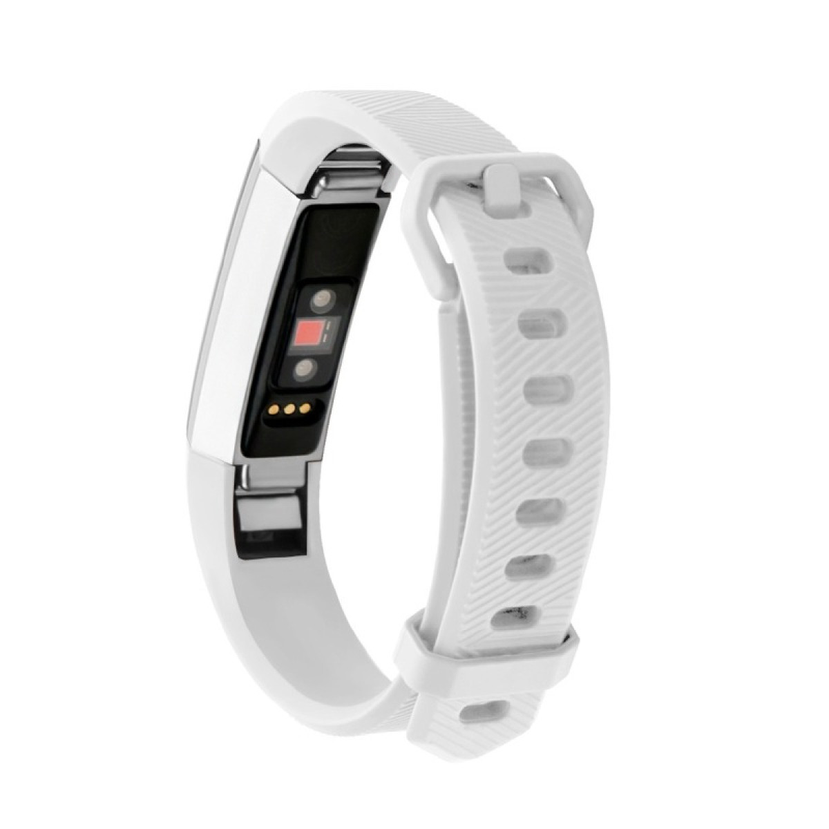Fitness tracker bianco con sensore di frequenza cardiaca e contatti di ricarica.