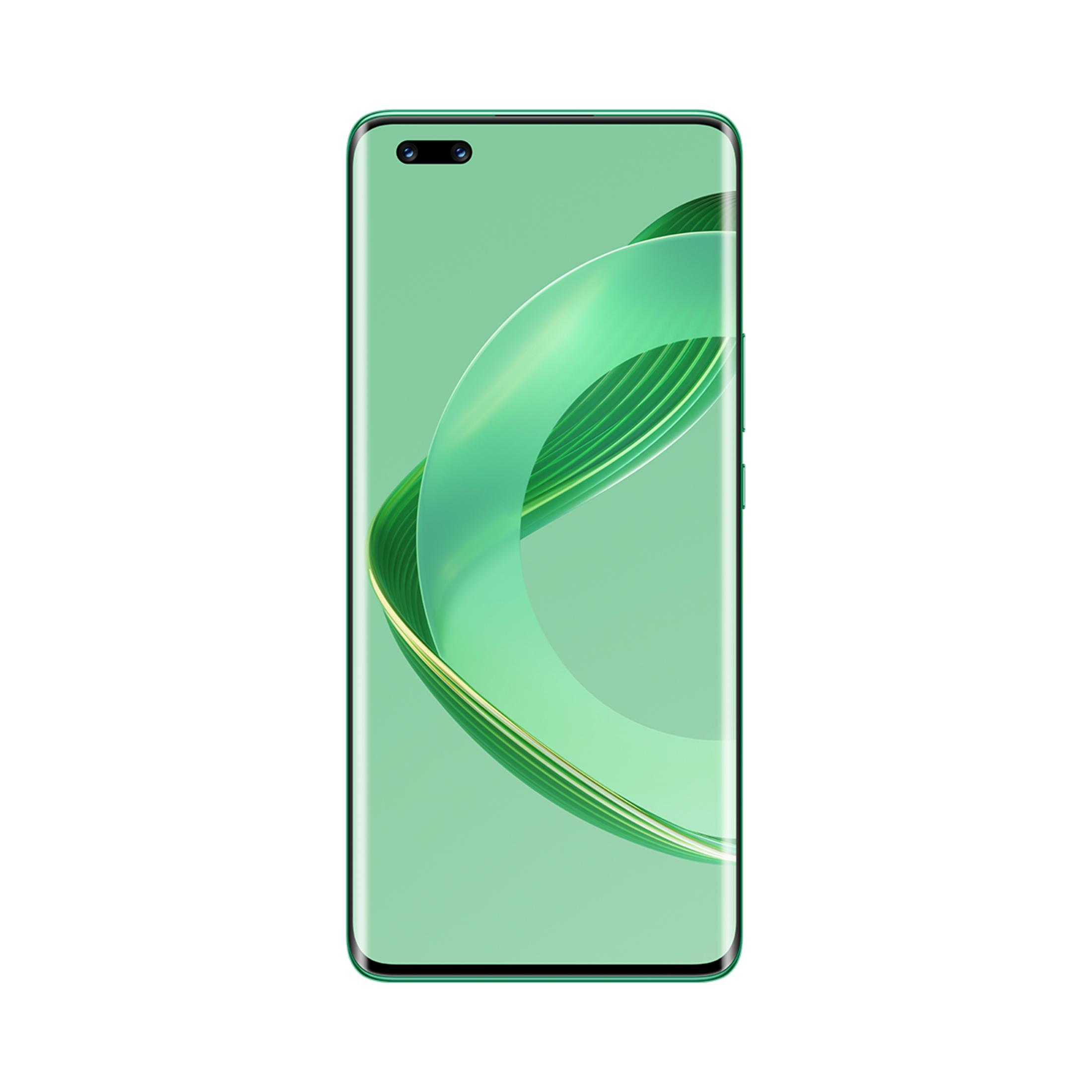 Çift ön kamera kesikli yeşil akıllı telefon ve kavisli soyut desen.