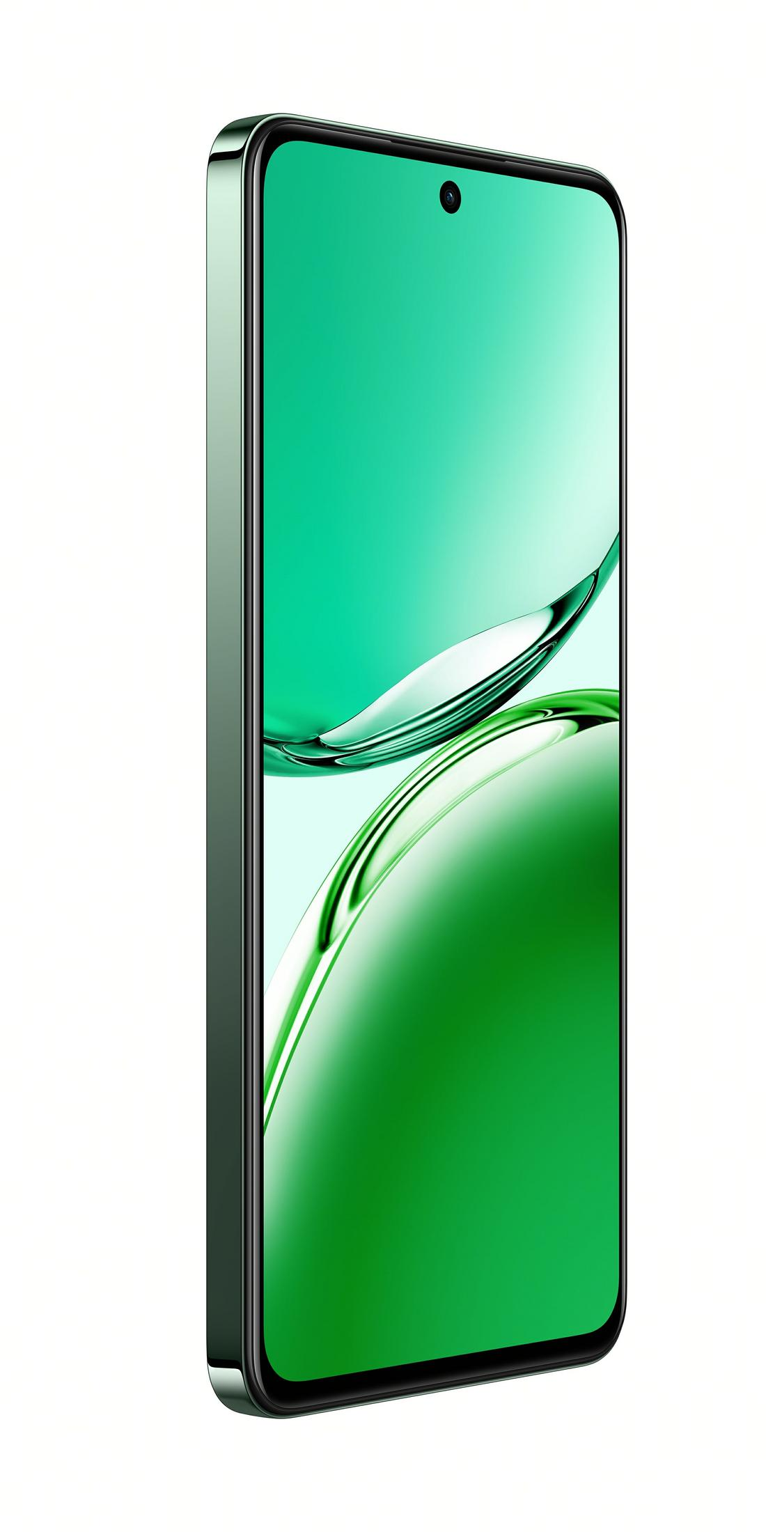 Yuvarlak köşeli yeşil akıllı telefon ve ön kamera.