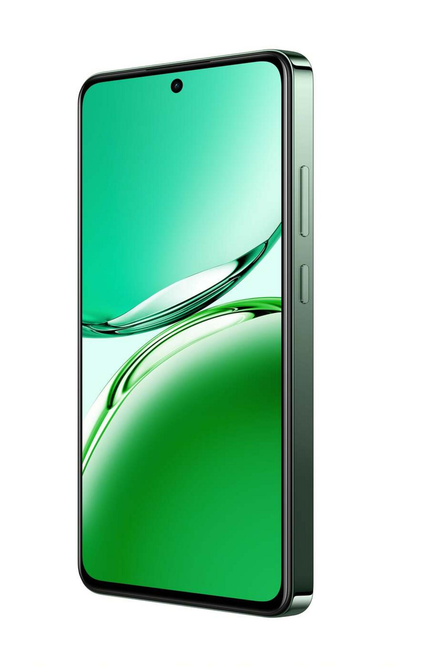 Delikli ön kameraya sahip yeşil bir akıllı telefon gösteriliyor.