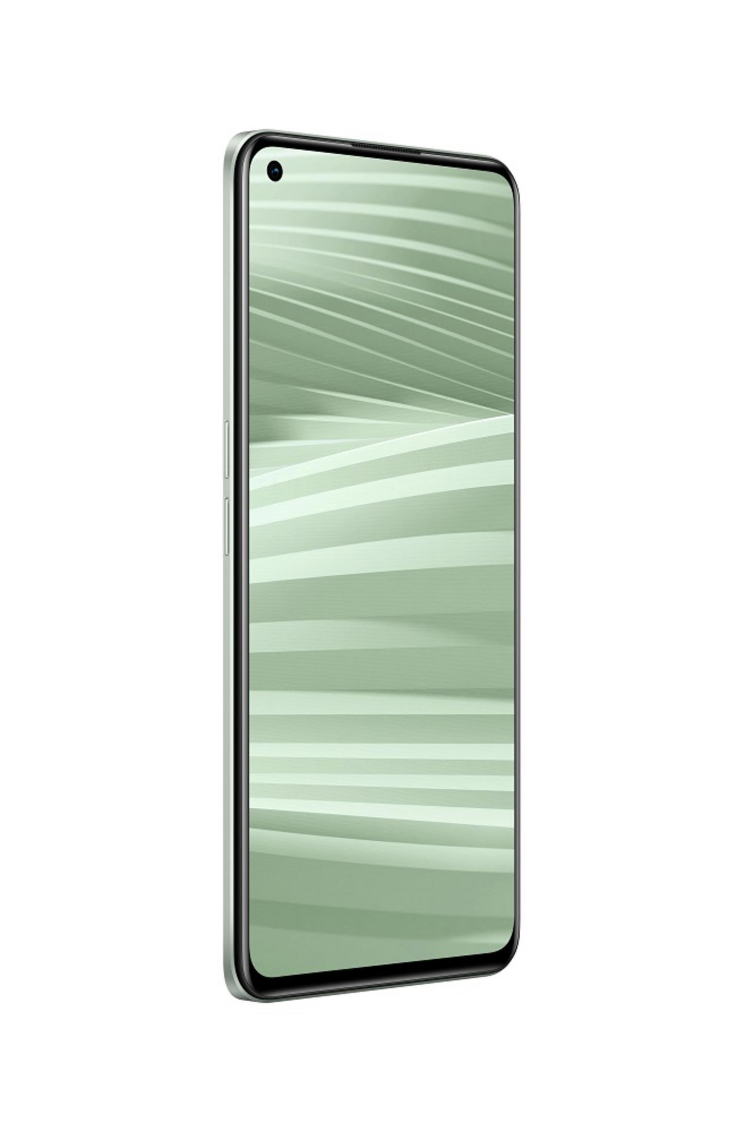 Ein hellgrünes Smartphone mit einem komplexen, hellgrünen Hintergrund.