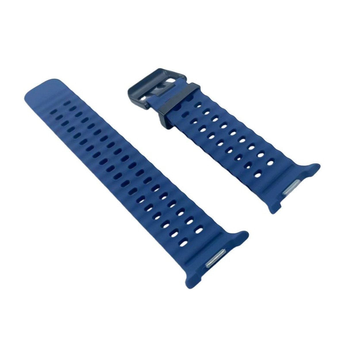 Due cinturini per orologio blu scuro con fori di ventilazione e fibbia nera.