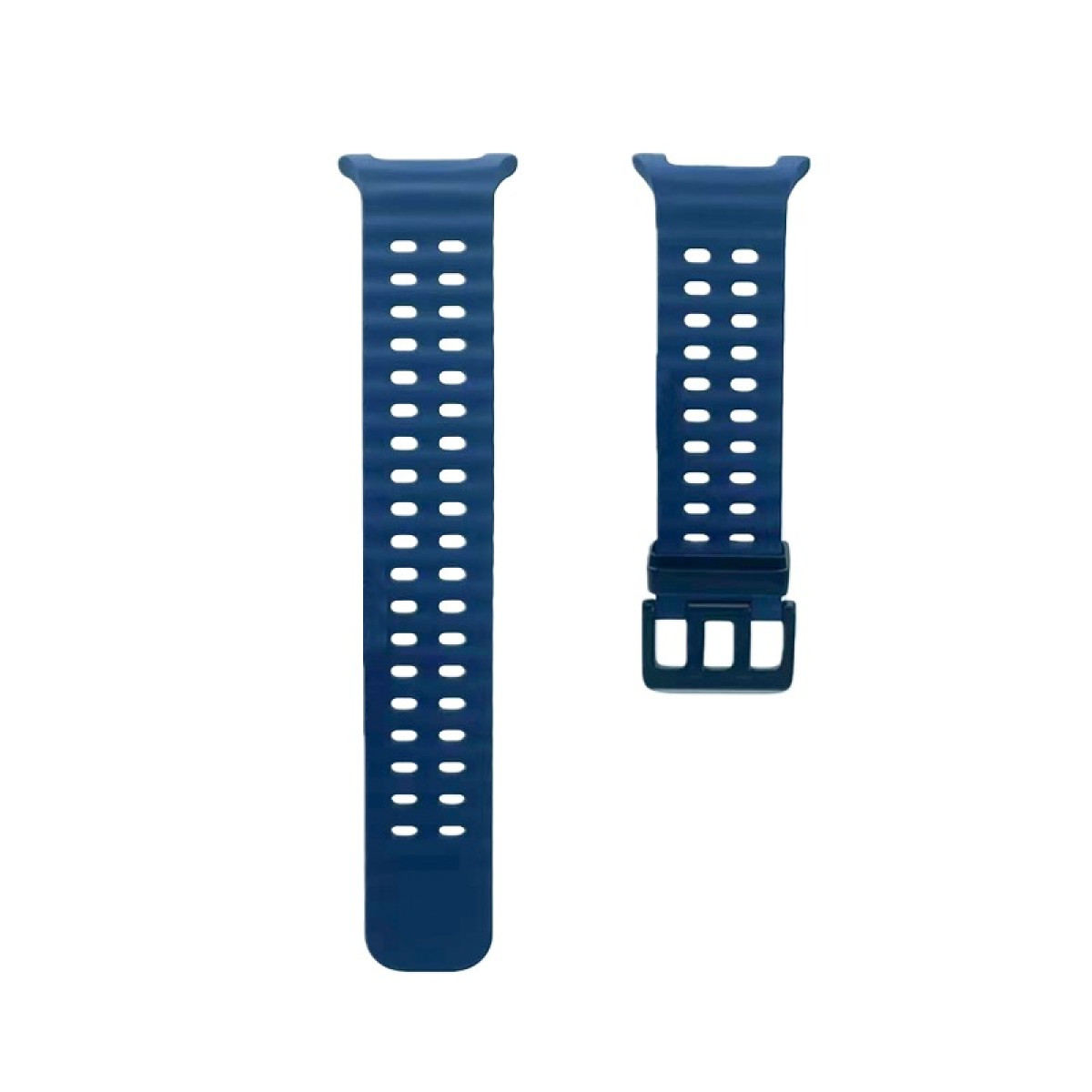 Due cinturini per orologio blu scuro con perforazioni su sfondo bianco.