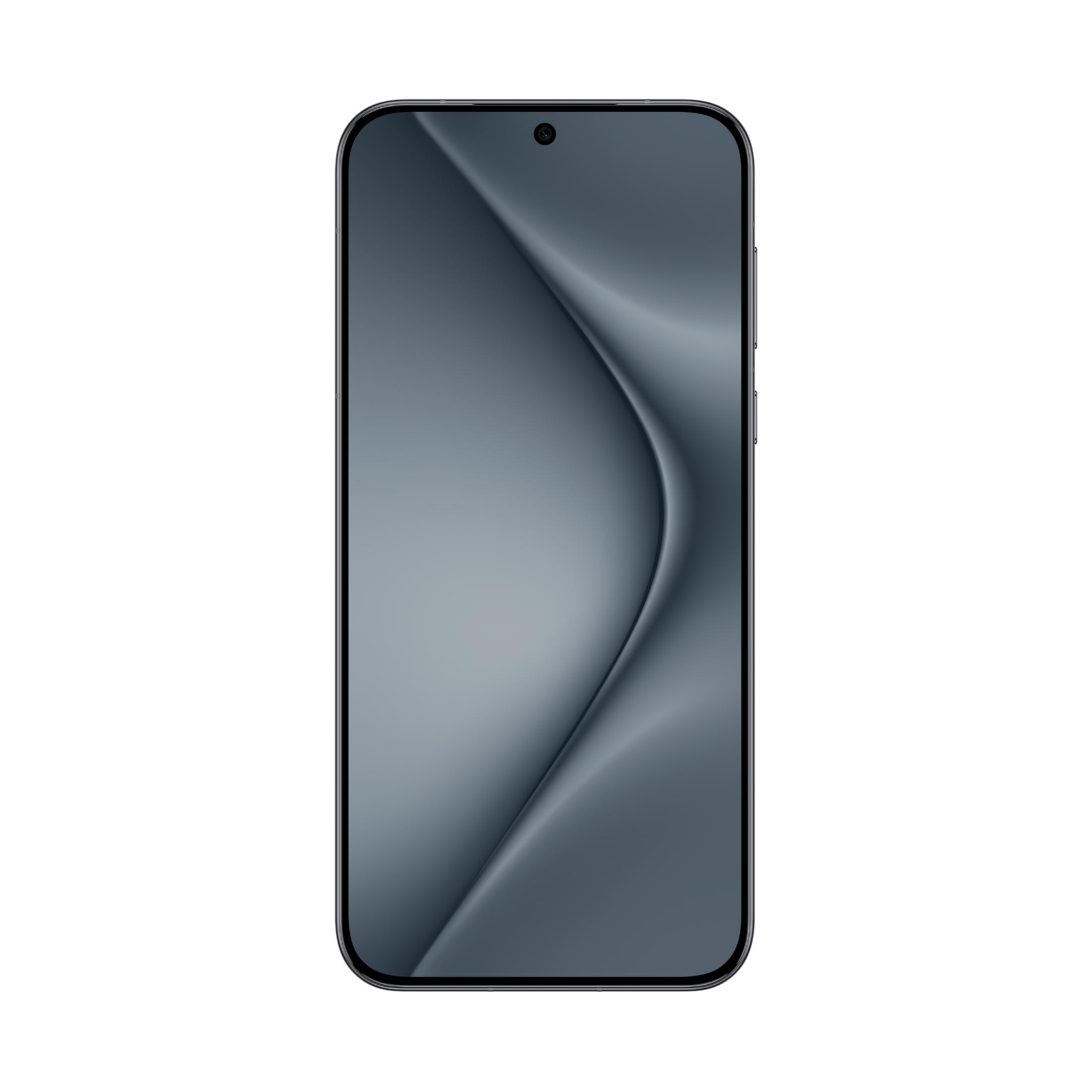 Ein graues Smartphone mit abgerundeten Ecken und einer Frontkamera.