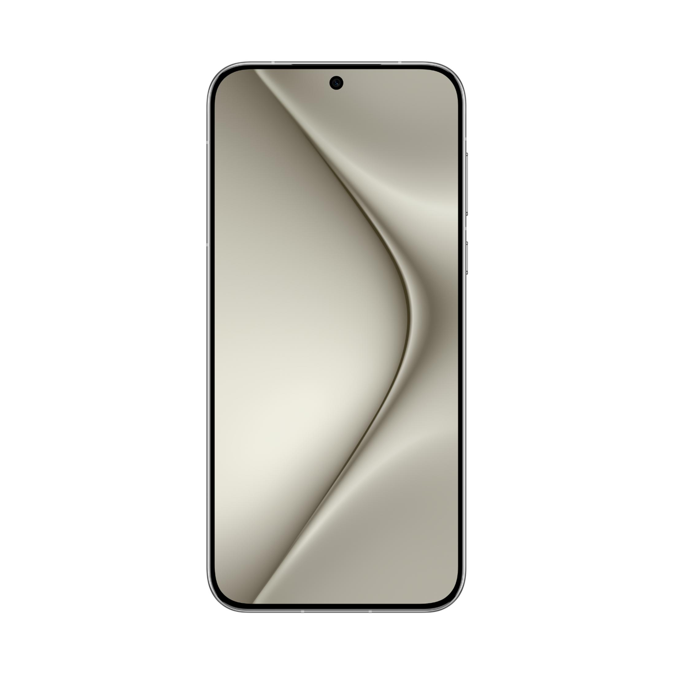 Ein schlankes Smartphone mit silbernem Rahmen und einem cremefarbenen, geschwungenen Hintergrundbild.