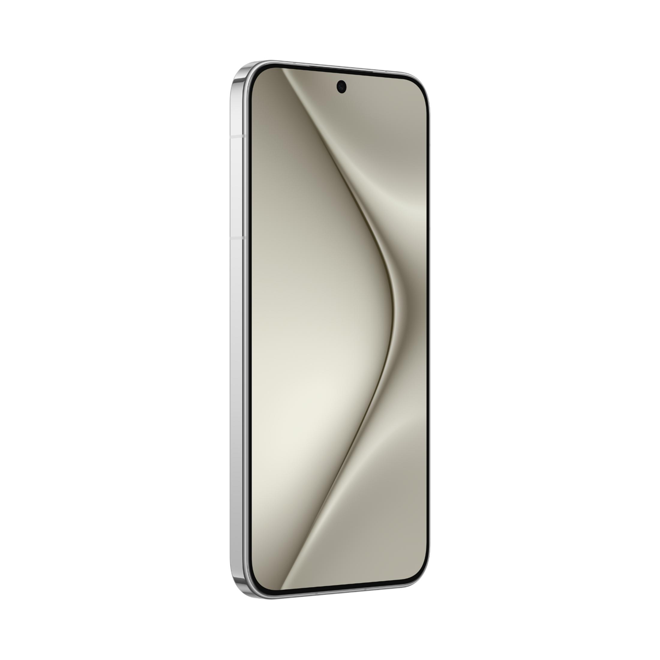 Ein silbernes Smartphone mit einem cremefarbenen, gewellten Hintergrund.