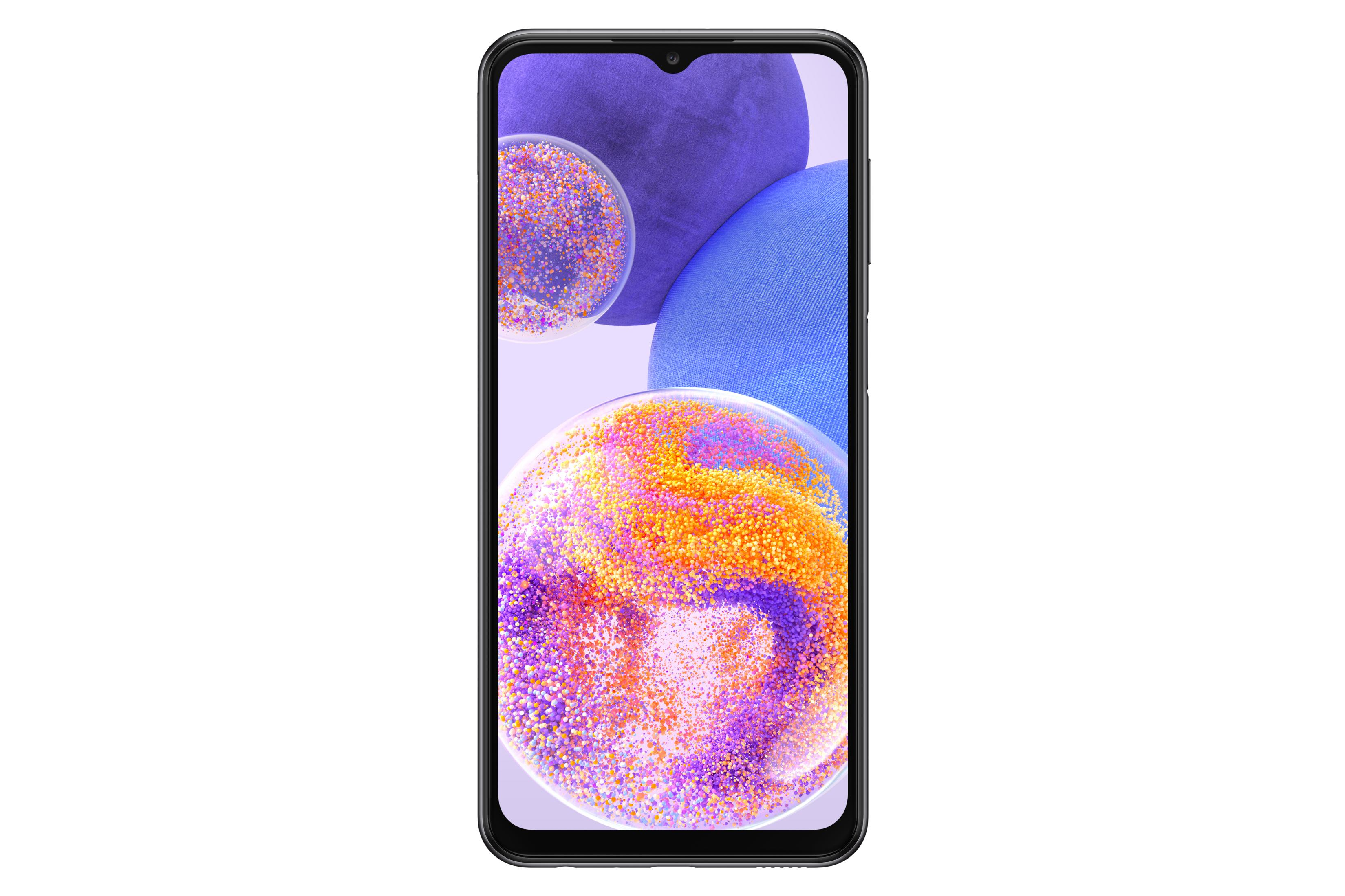 Renkli baloncuk temalı duvar kağıdı gösteren siyah bir akıllı telefon.