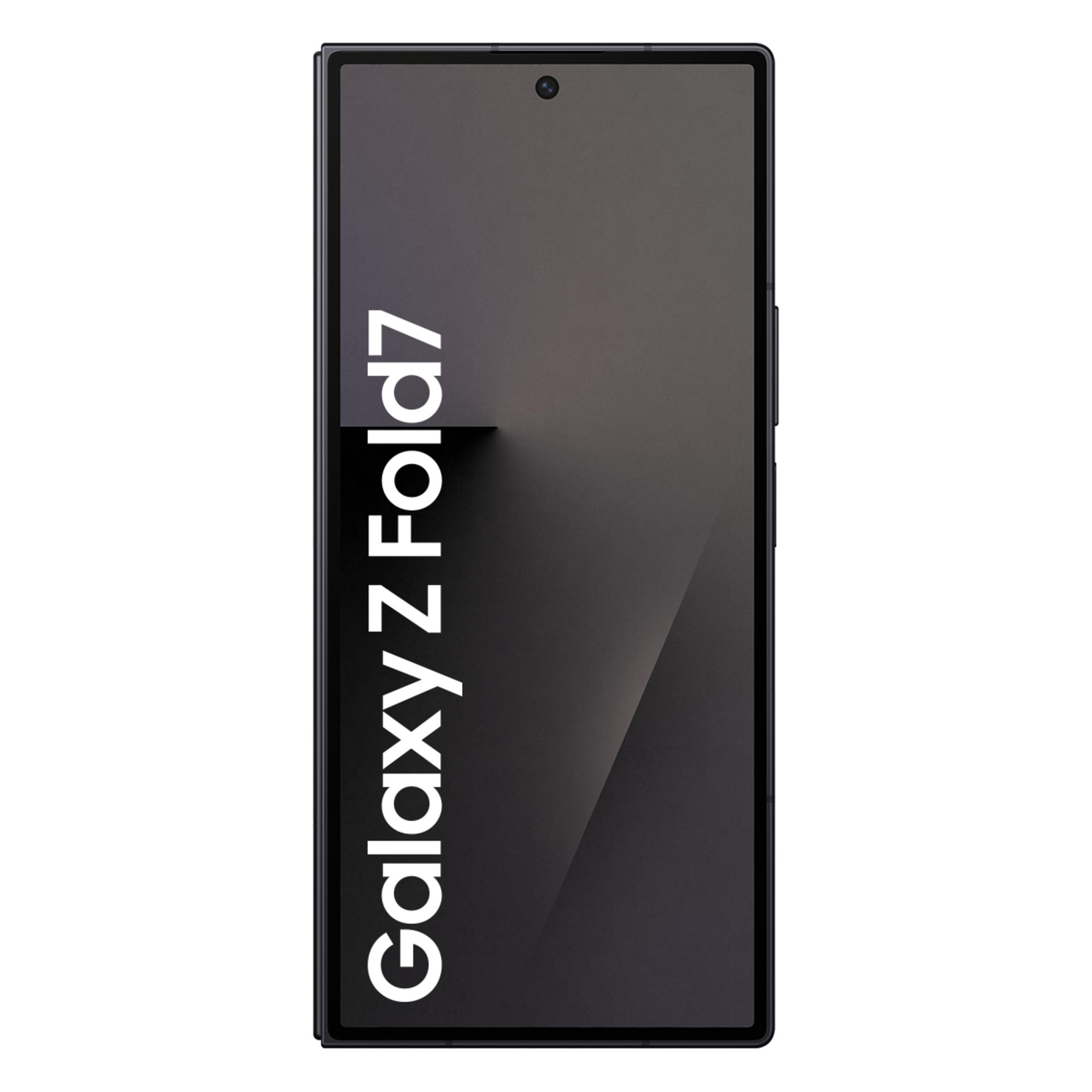 Siyah bir Samsung Galaxy Z Fold7 akıllı telefon önden gösterilmektedir.