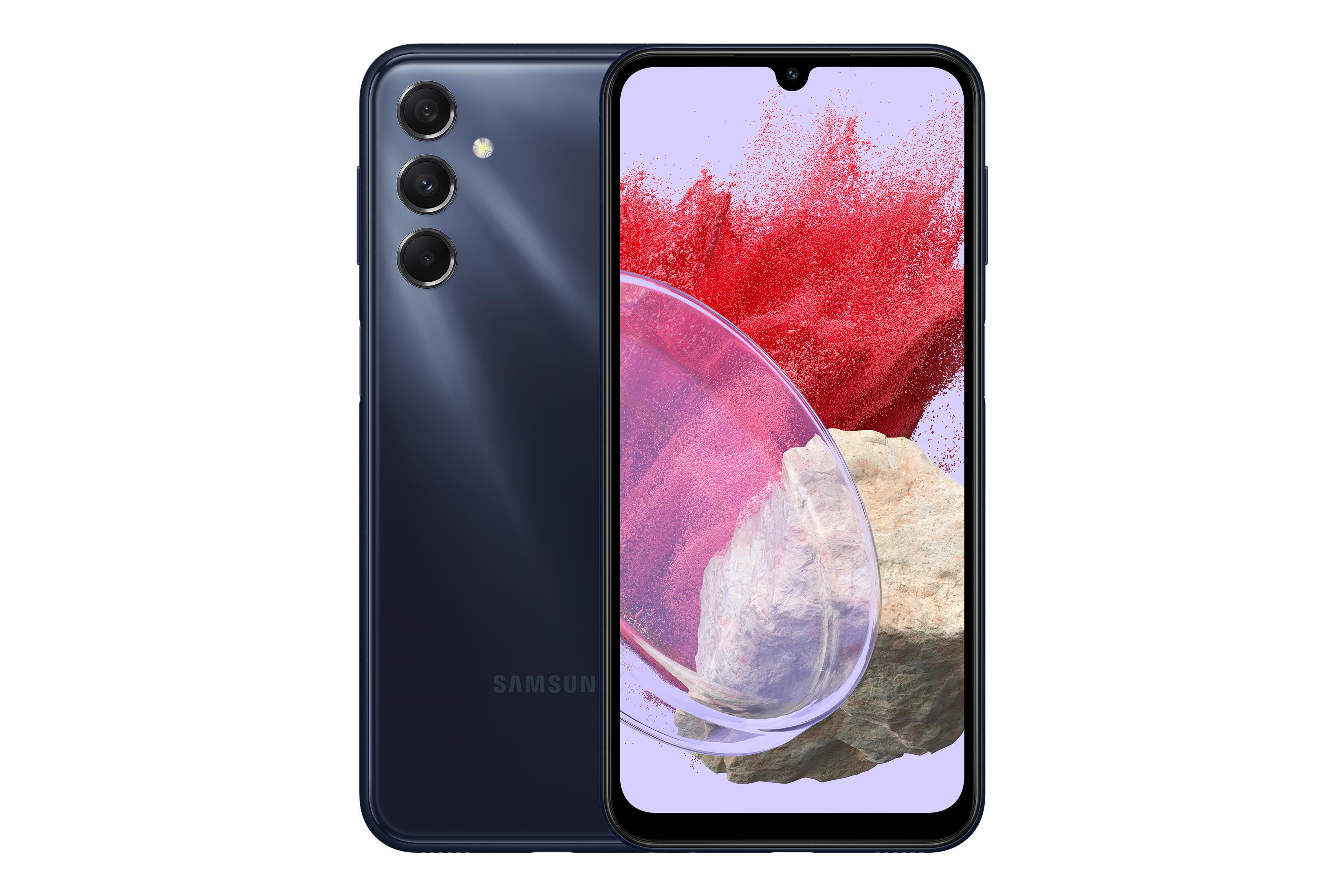 Üç arka kamerası olan lacivert Samsung akıllı telefon.