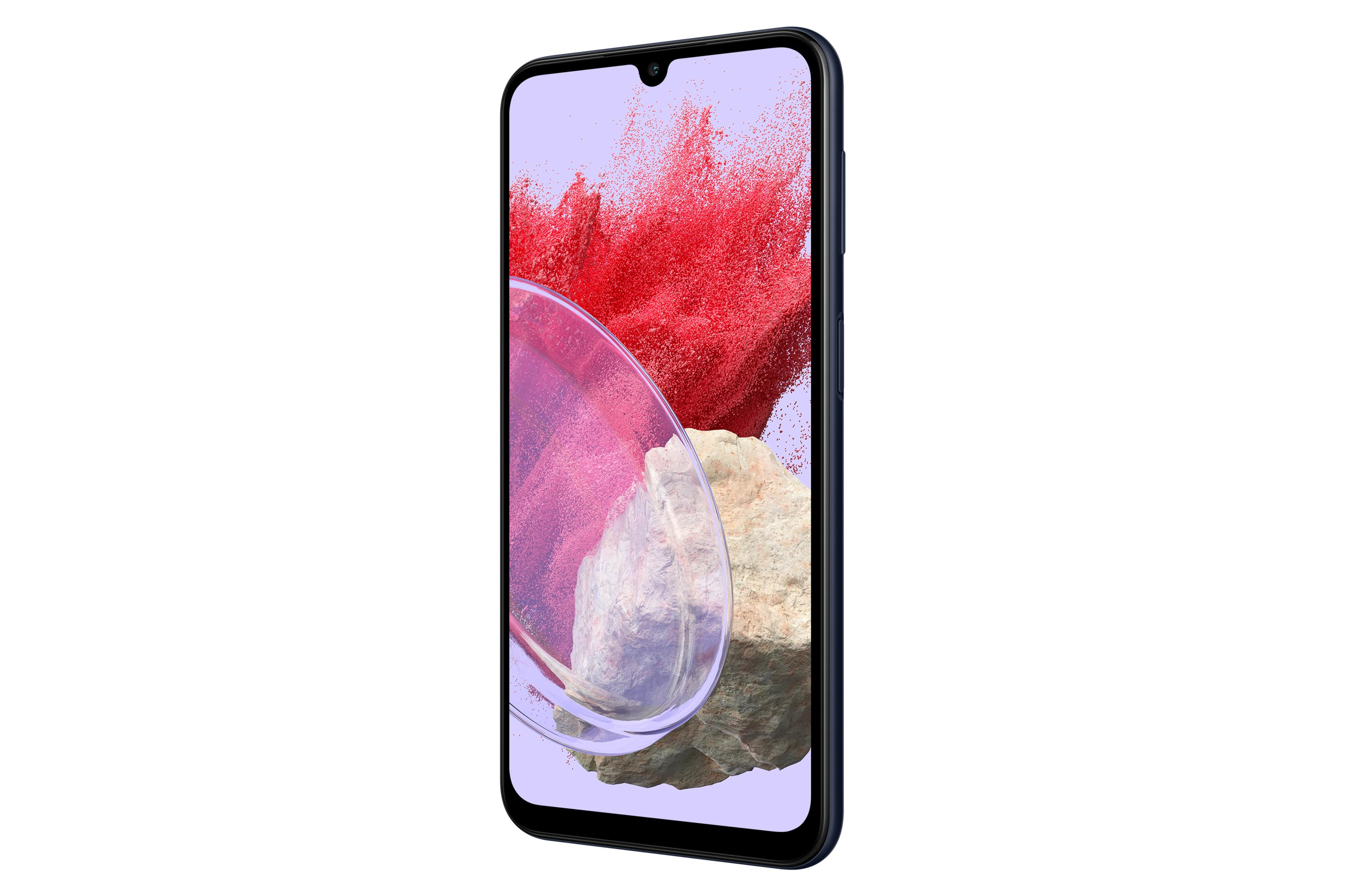 Kırmızı parçacıkların soyut arka planına sahip koyu mavi akıllı telefon.