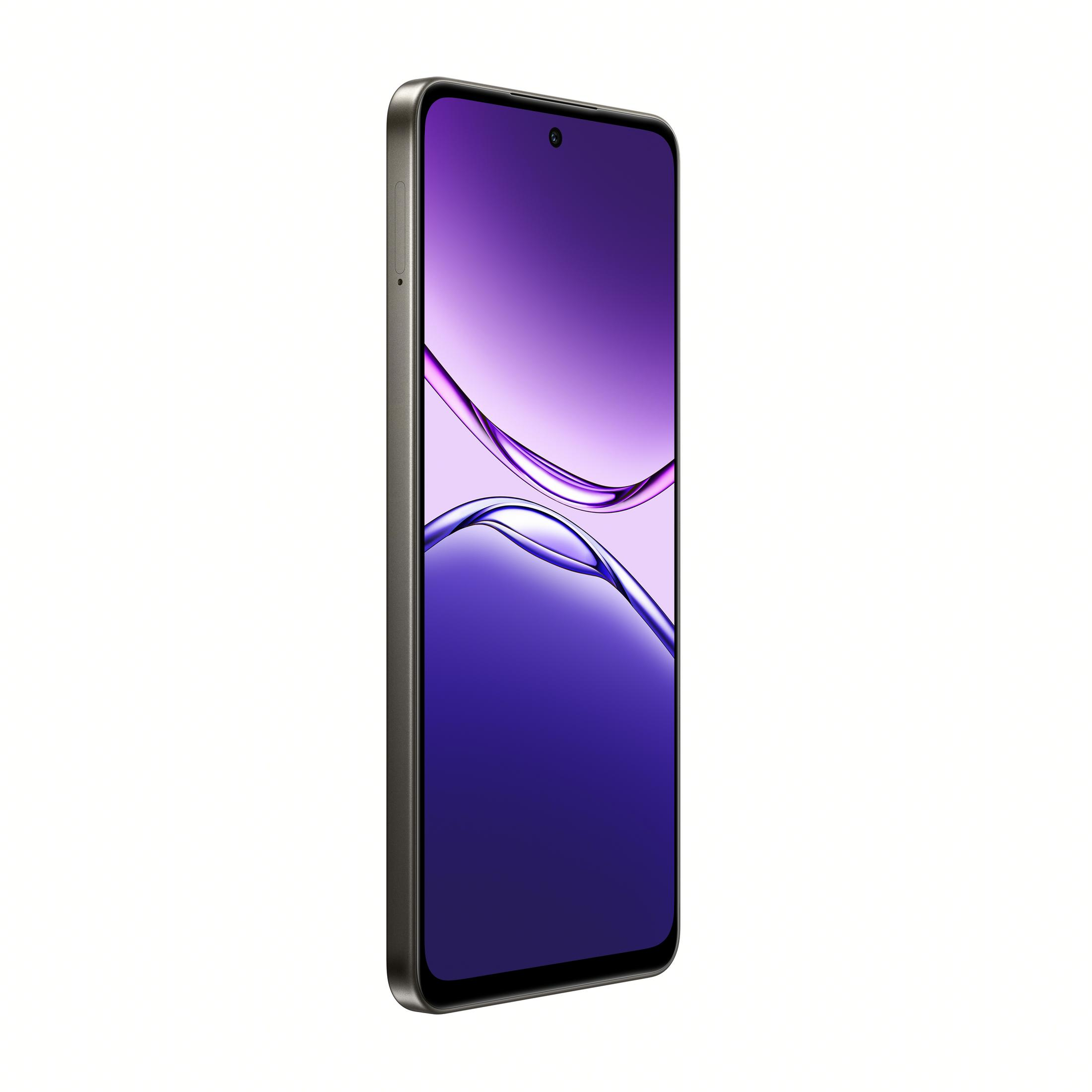 Koyu çerçeveli modern bir akıllı telefon ve mor gradyan duvar kağıdı.