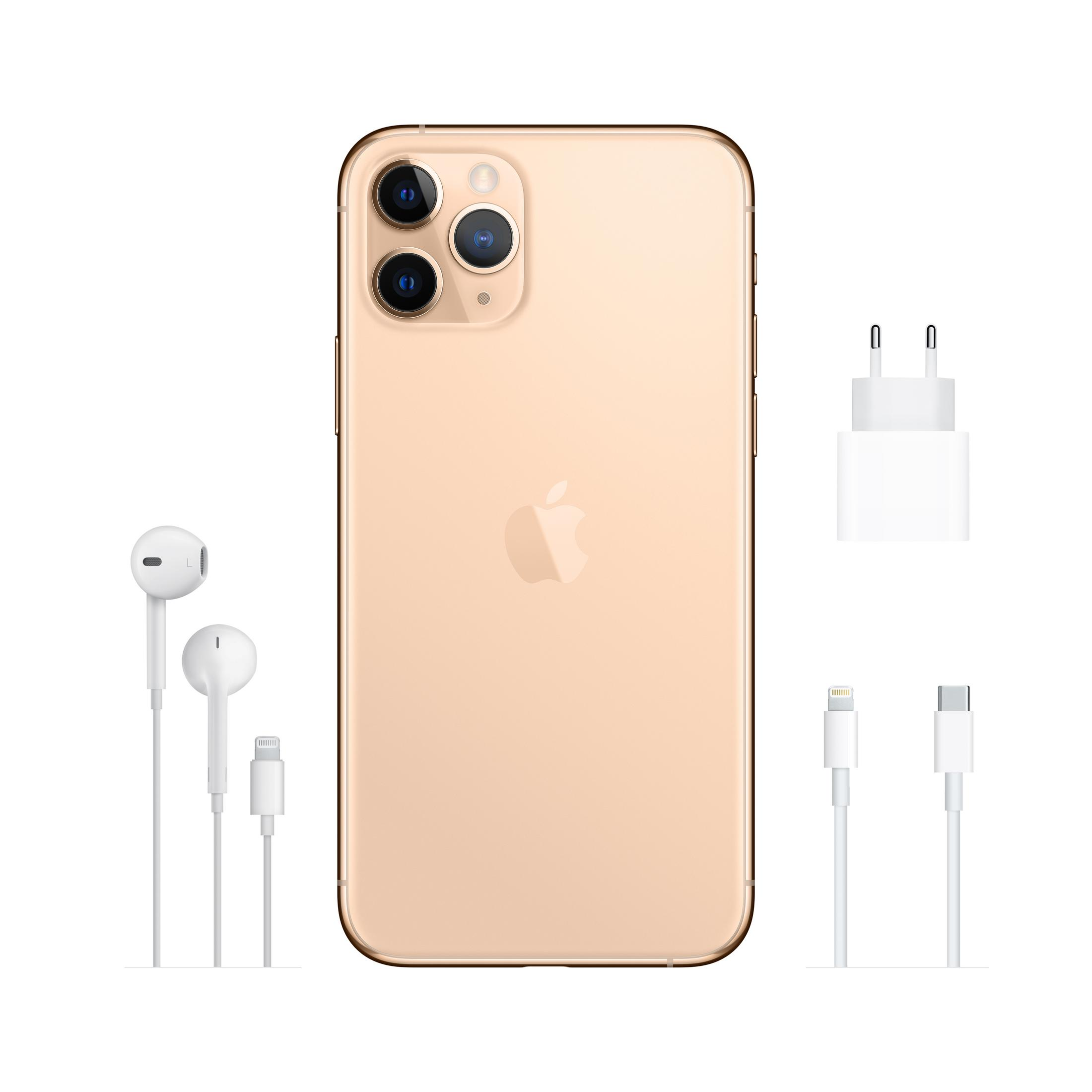 Złoty iPhone z trzema aparatami, słuchawkami, kablem i ładowarką.