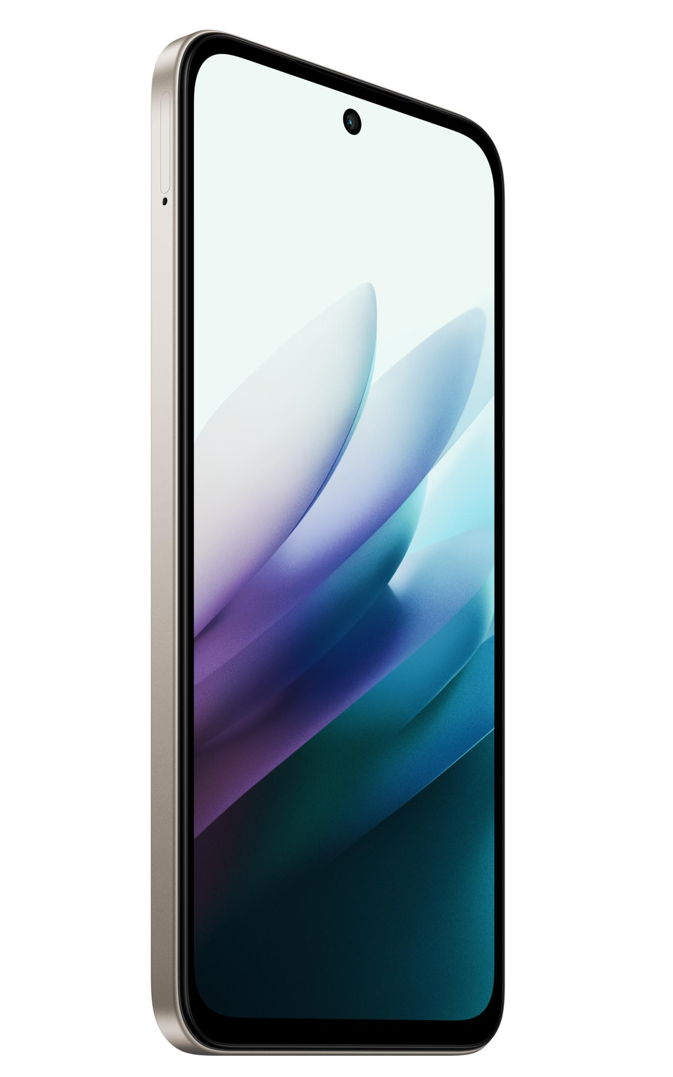 Ekranında soyut, renkli bir arka plan gösteren altın rengi akıllı telefon.
