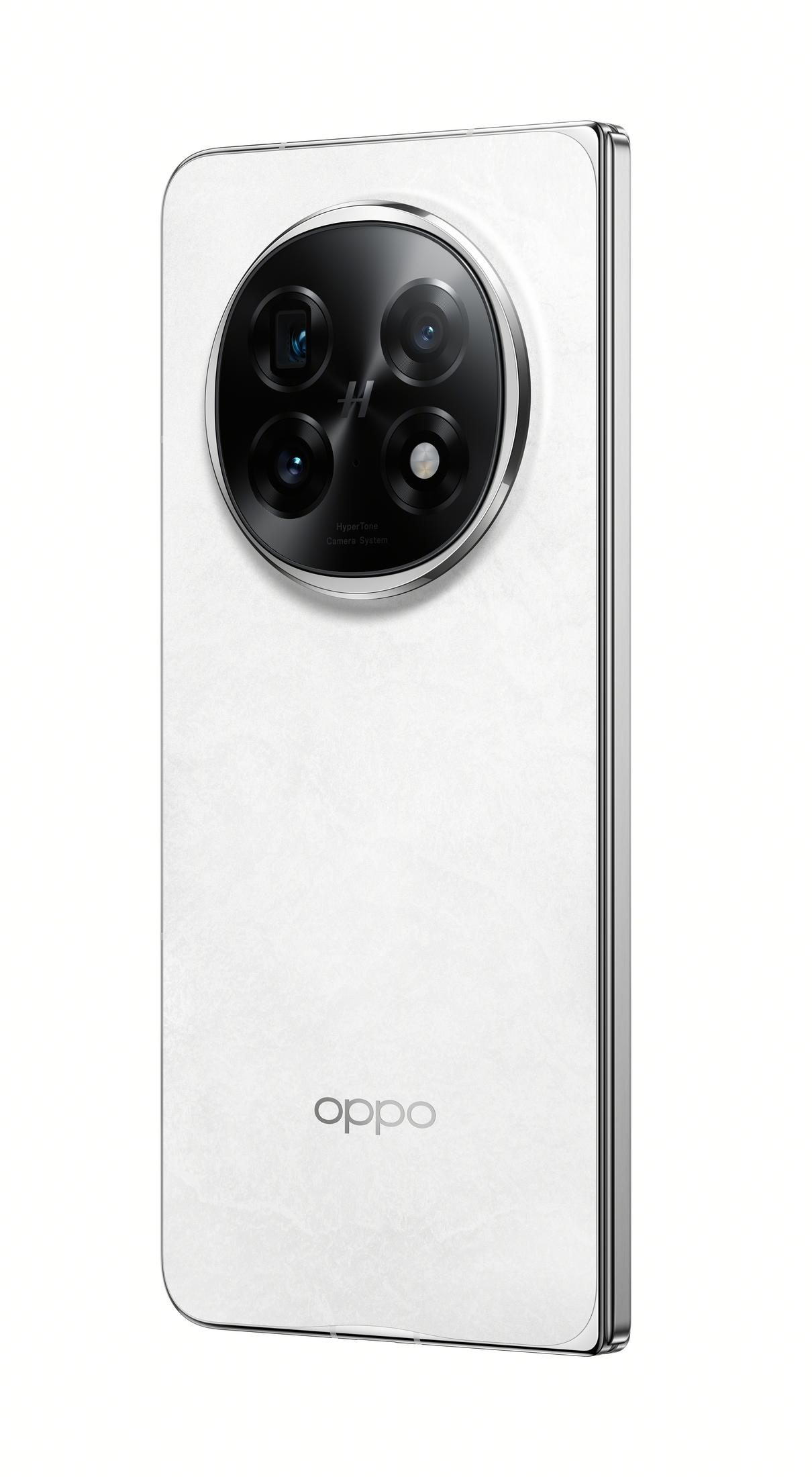 Uno smartphone bianco con modulo fotocamera rotondo e logo Oppo.