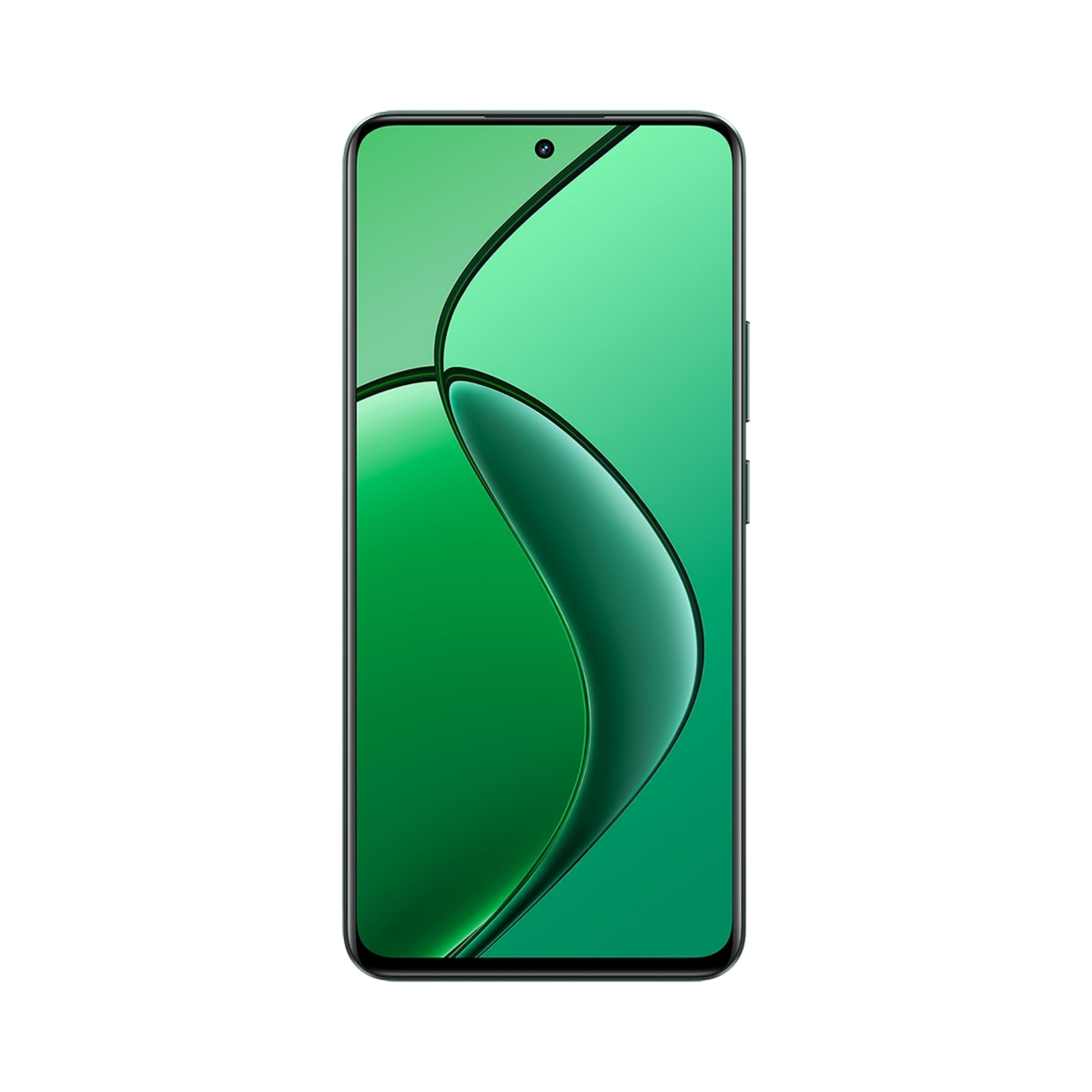 Modern bir akıllı telefon, yeşil arka plan ve ön kamera.