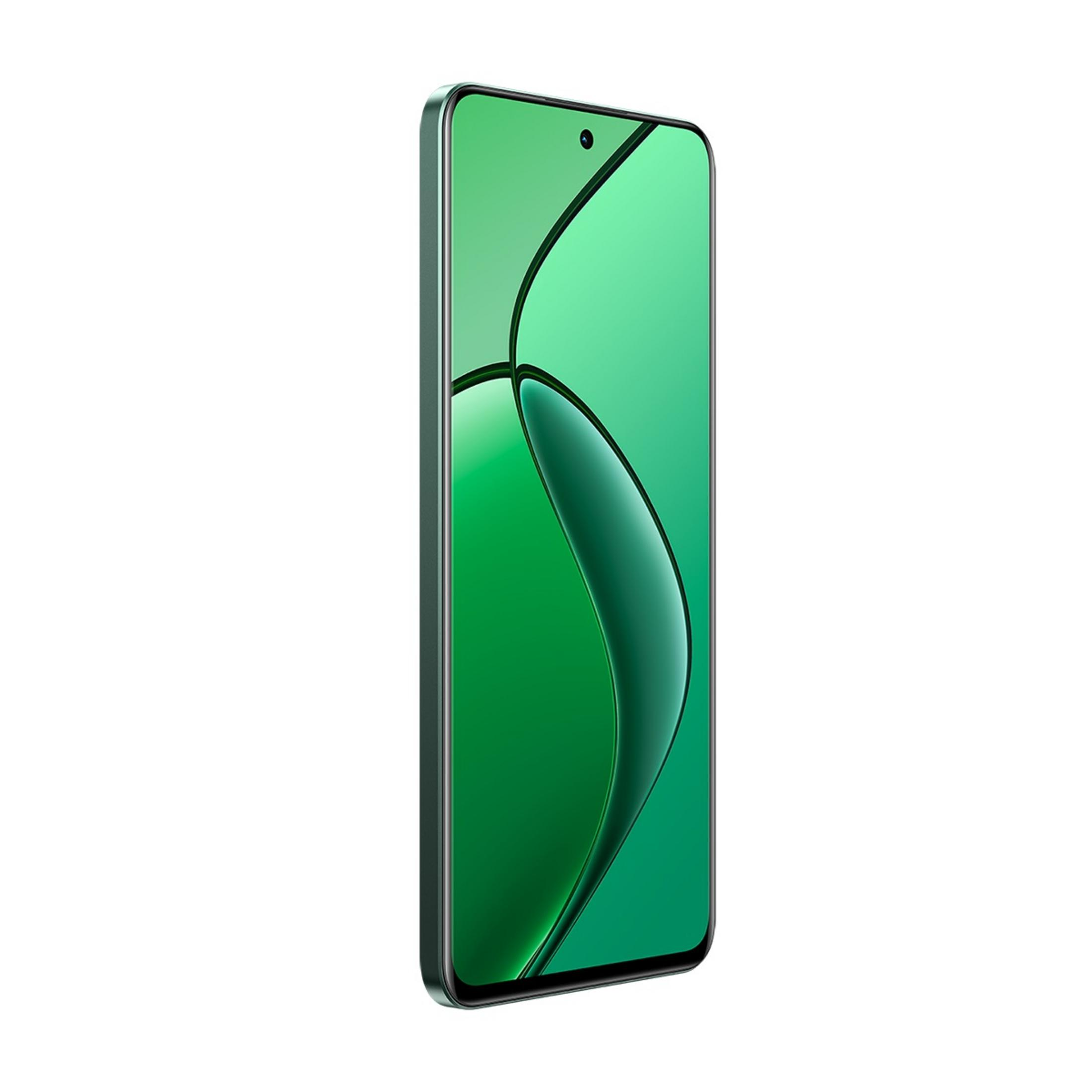 Beyaz arka plan üzerinde gümüş çerçeveli yeşil akıllı telefon.