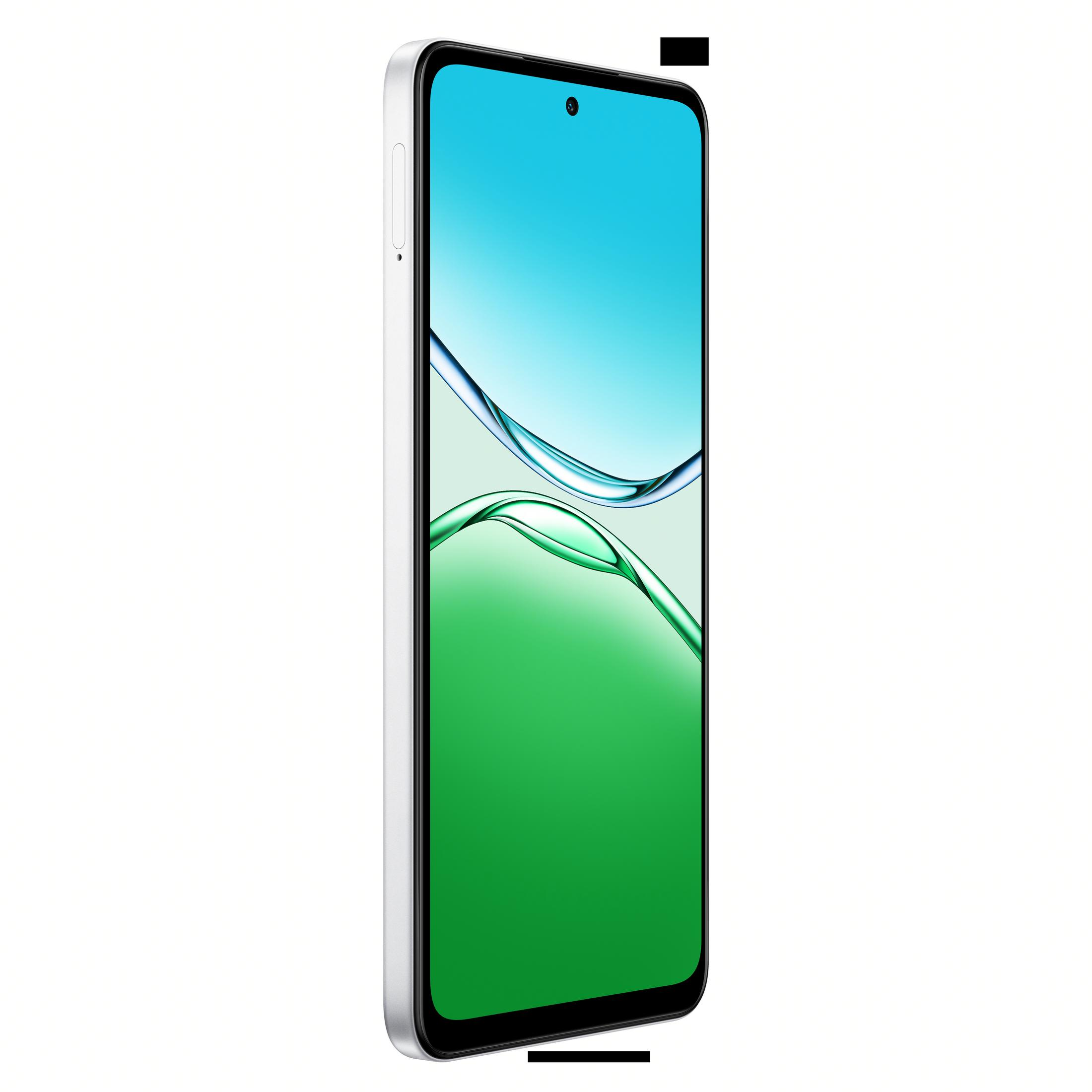 Ekranında mavi ve yeşil duvar kağıdı bulunan beyaz bir akıllı telefon.