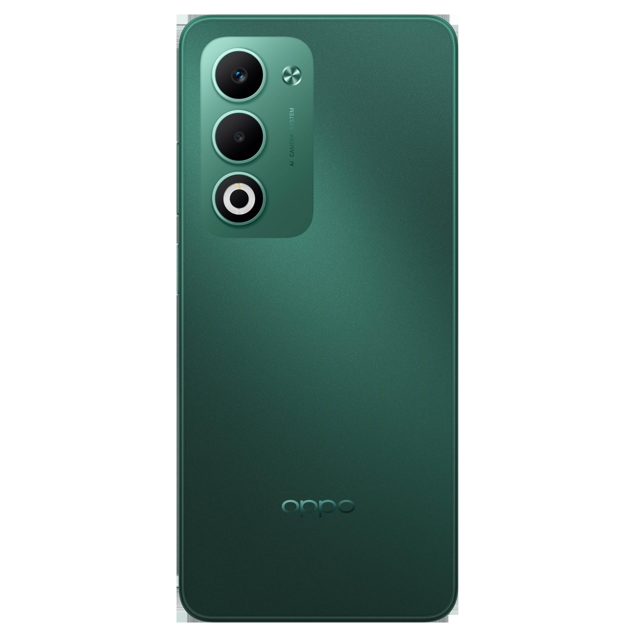 Arkada üç kamera ve OPPO logosuna sahip yeşil akıllı telefon.