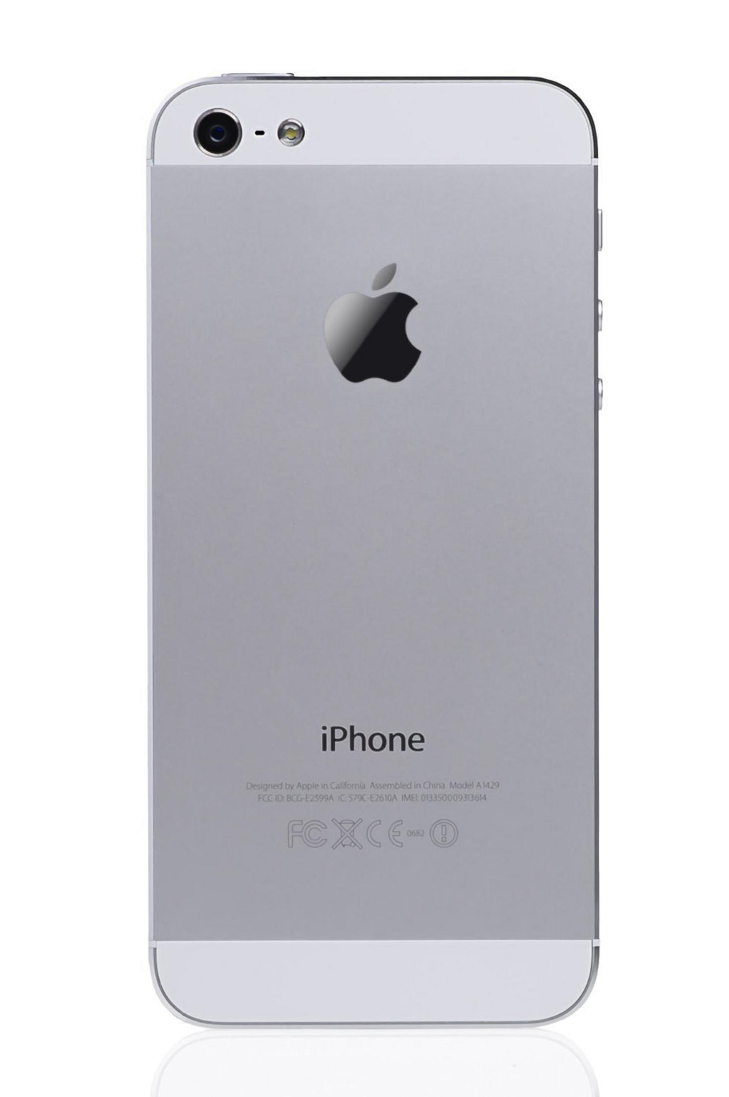 Rückansicht eines silbernen iPhone 5 mit Kamera, Apple-Logo und Text.