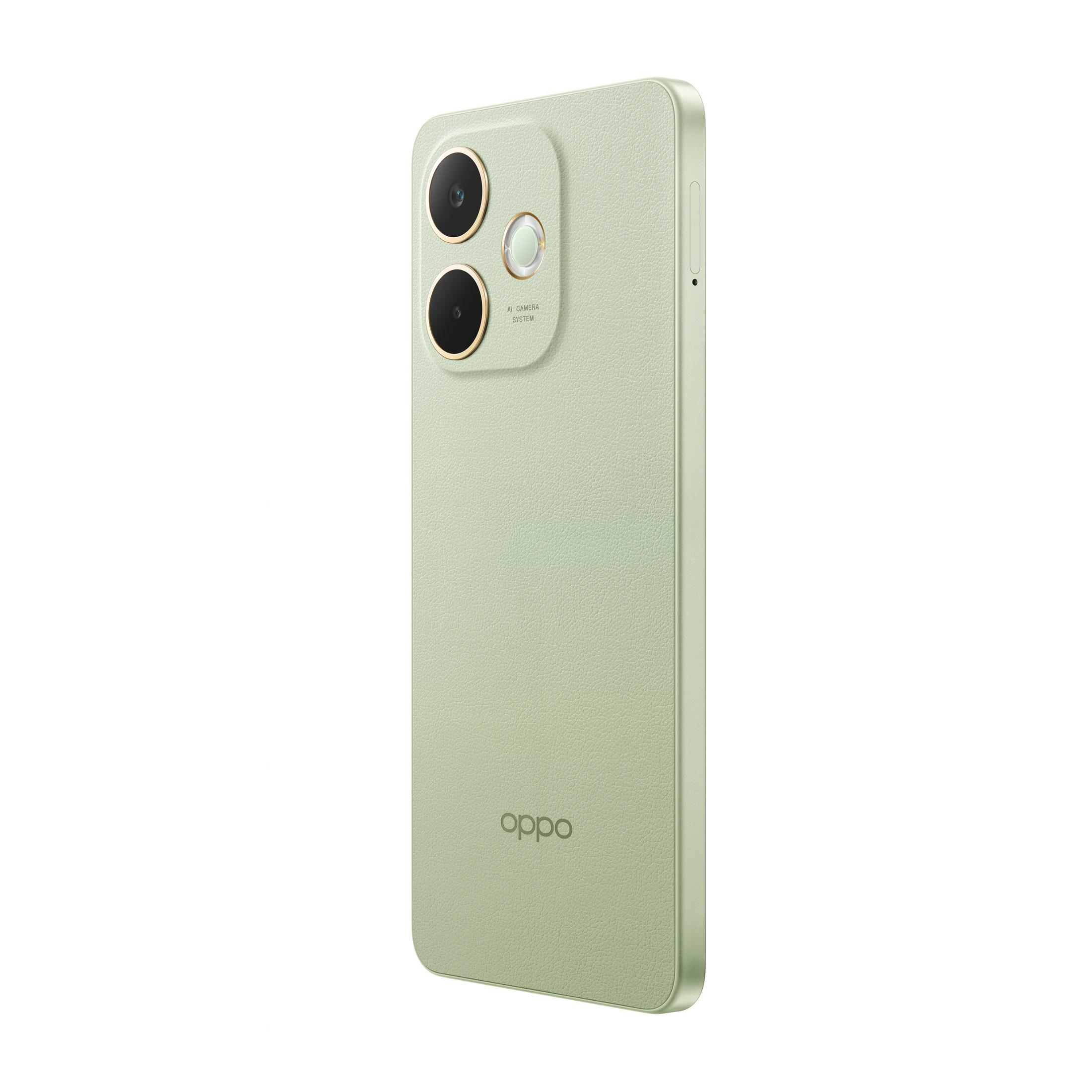 İki kameralı, OPPO logolu açık yeşil bir akıllı telefon.