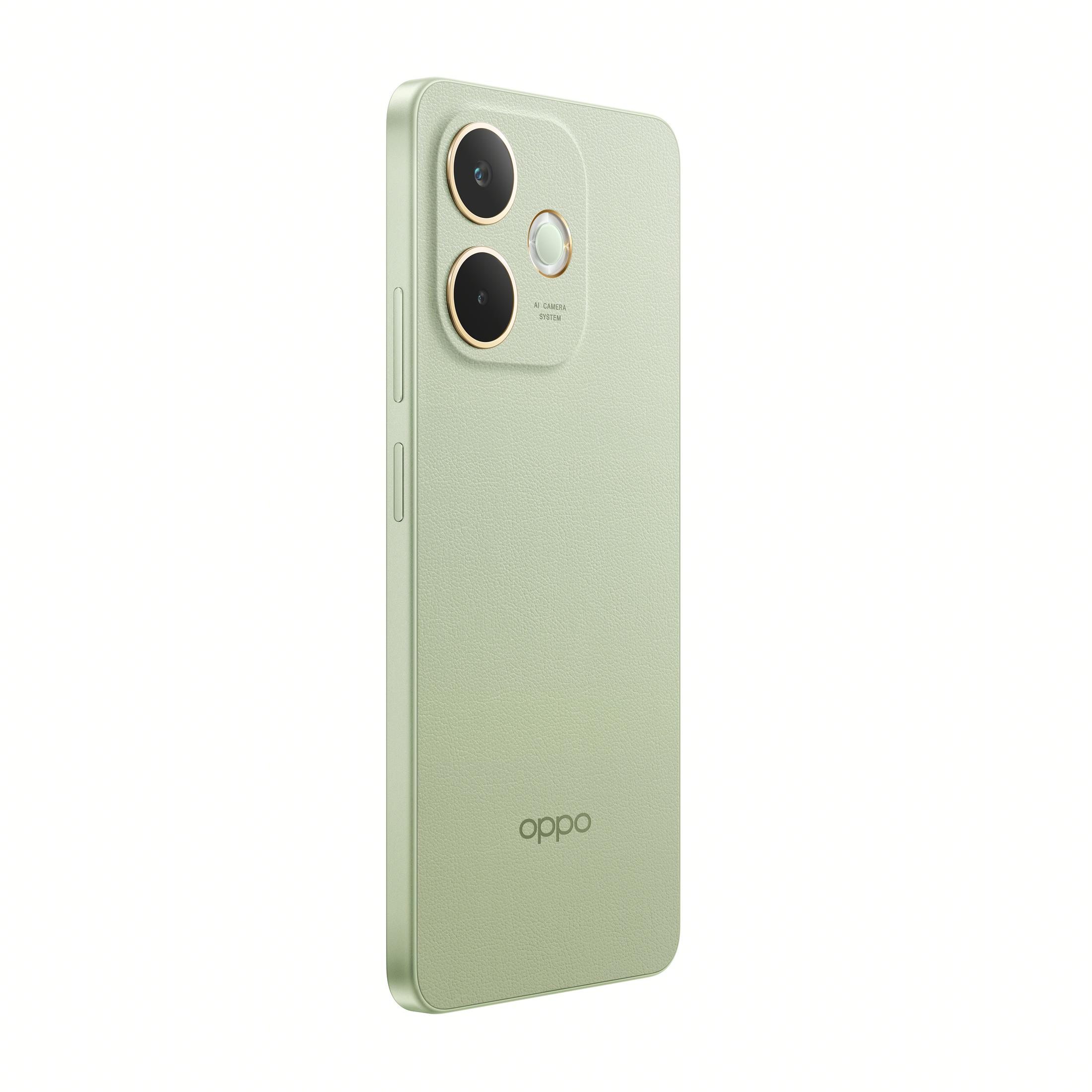Arkada üç kamerası olan açık yeşil Oppo akıllı telefon.
