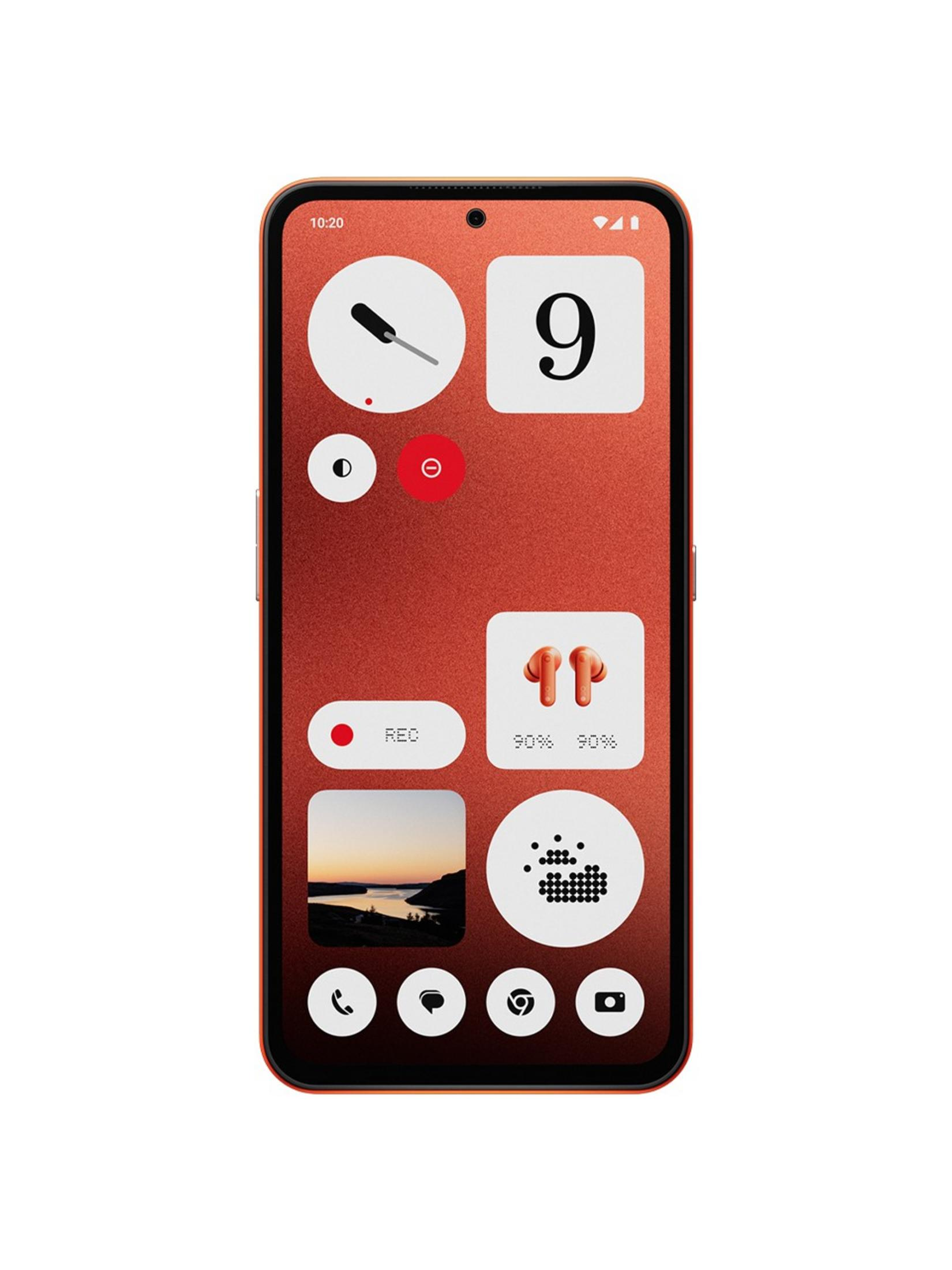 Turuncu bir akıllı telefon, saat, 9 sayısı, kulaklık, hava durumu ve kayıt widget'ları ile ana ekranı gösteriyor.