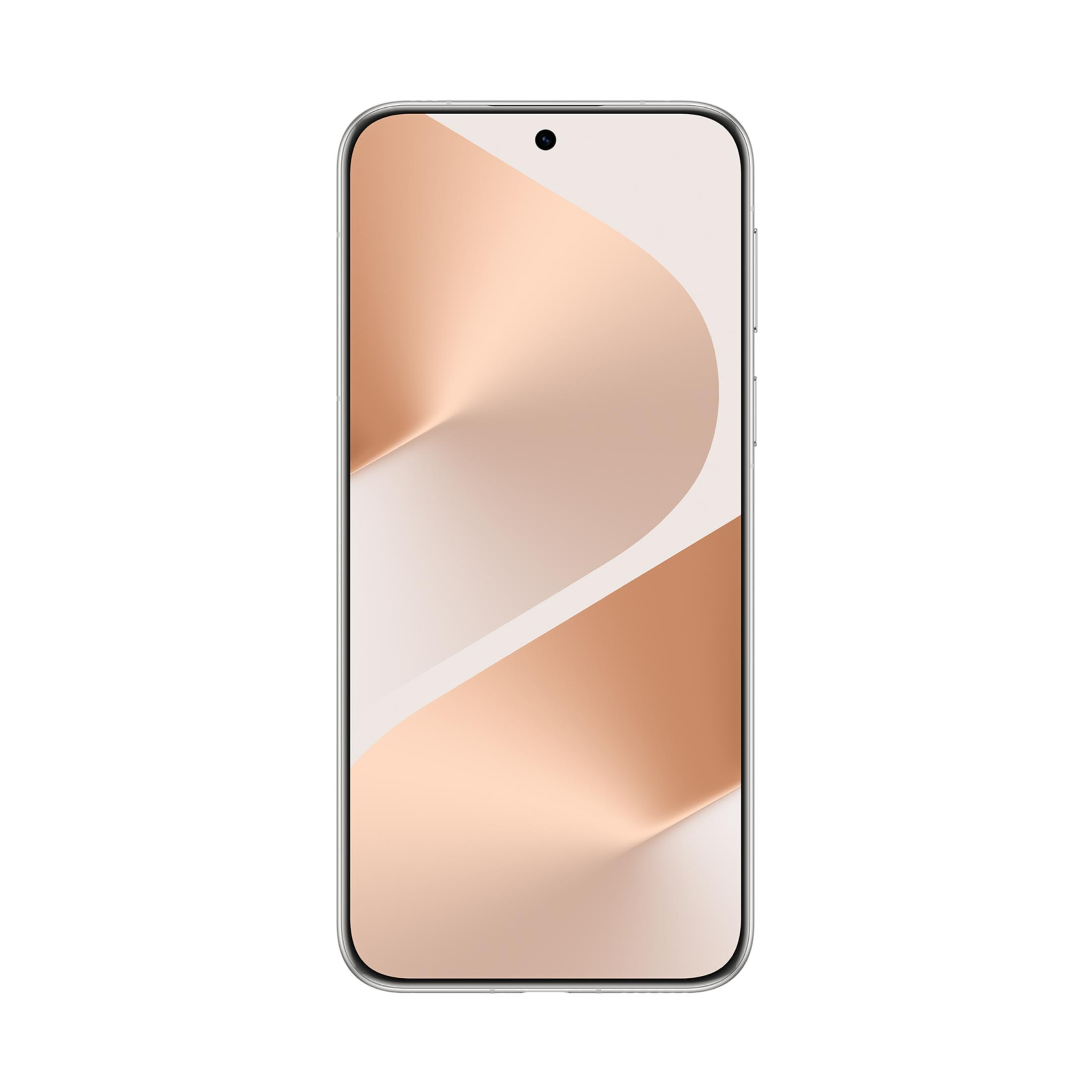 Ein silbernes Smartphone mit einem abstrakten, pfirsichfarbenen Hintergrundbild.