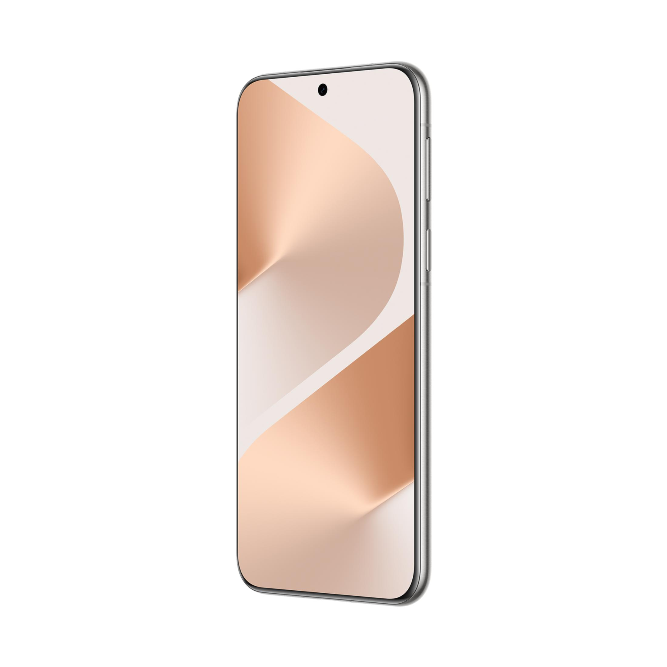 Ein silbernes Smartphone mit einem abstrakten, kupferfarbenen Hintergrund.