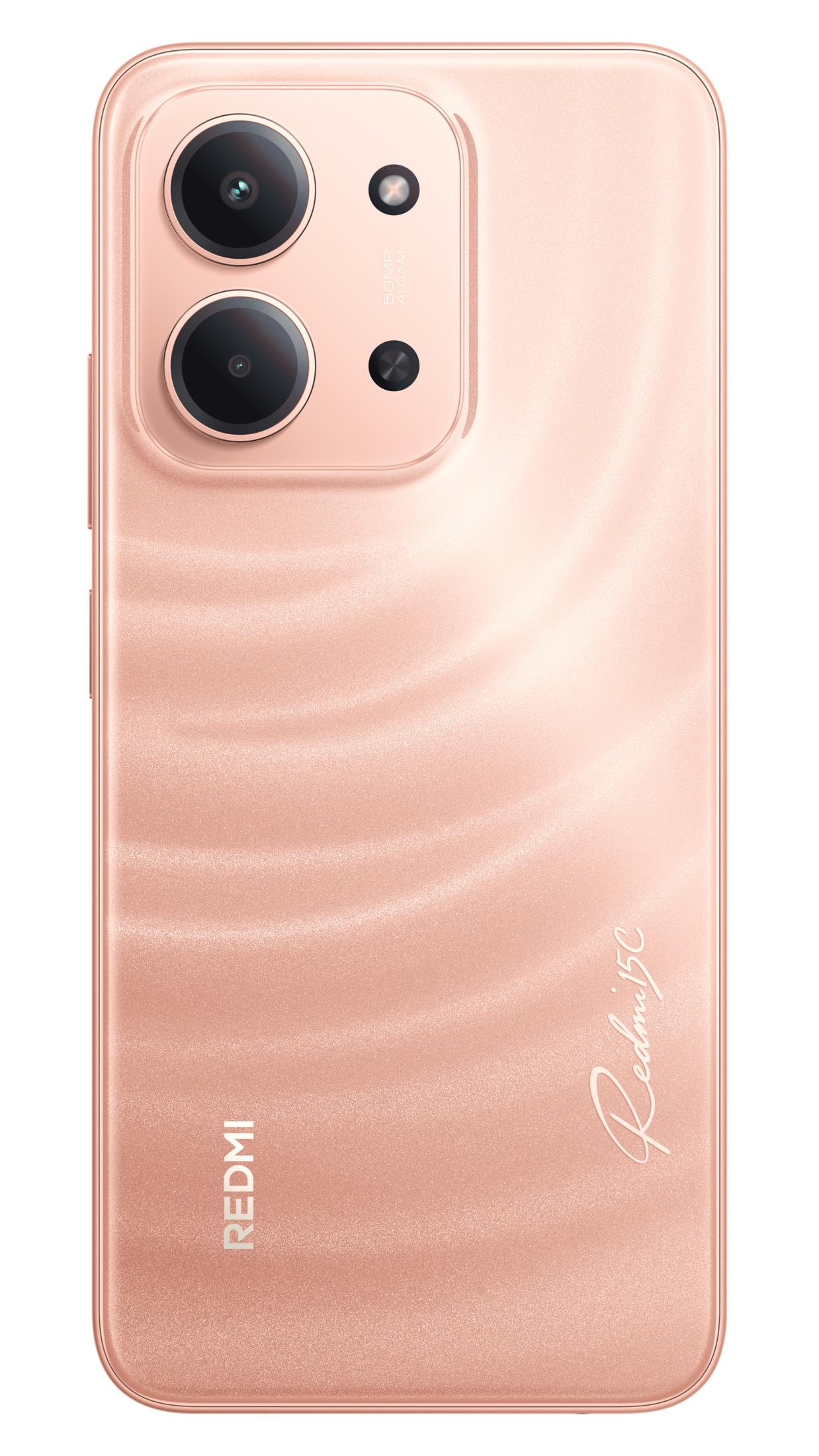 Çift kameralı ve Redmi logolu, gül altın rengi akıllı telefonun arkası.