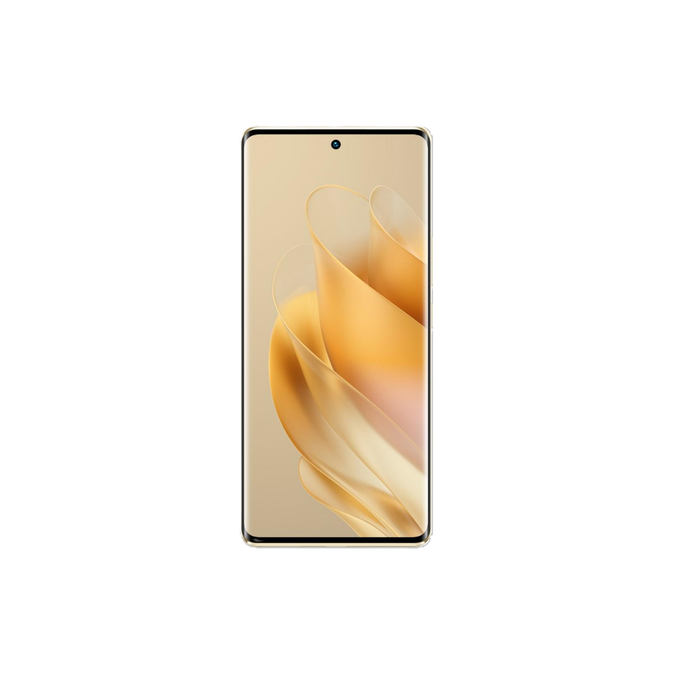 Akıcı, altın rengi soyut duvar kağıdı desenine sahip şık bir akıllı telefon.